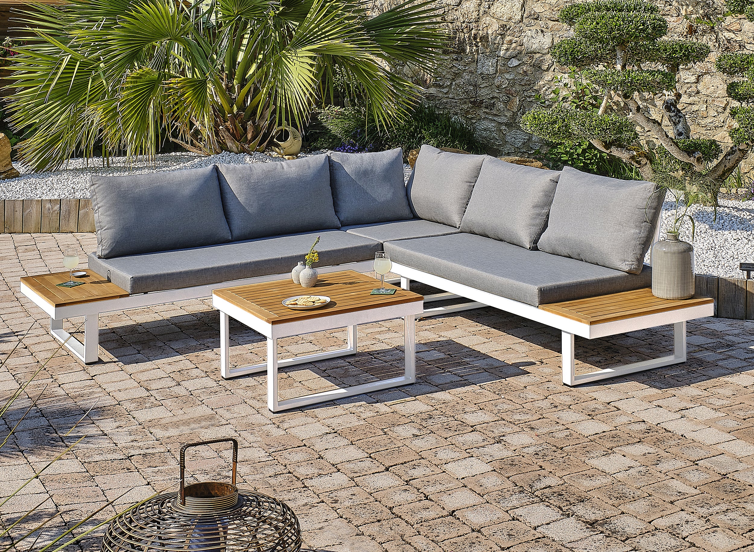 Salon de jardin MIYAKO 5 places en aluminium et acacia - BLANC