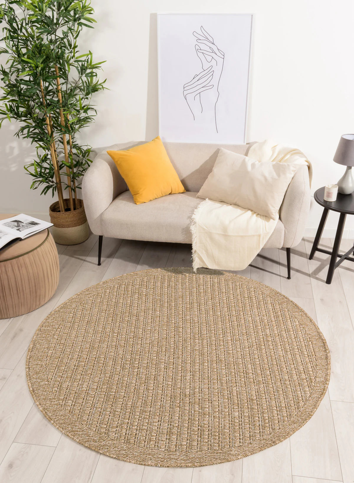 Tapis effet jute naturel uni marron rond - Nature