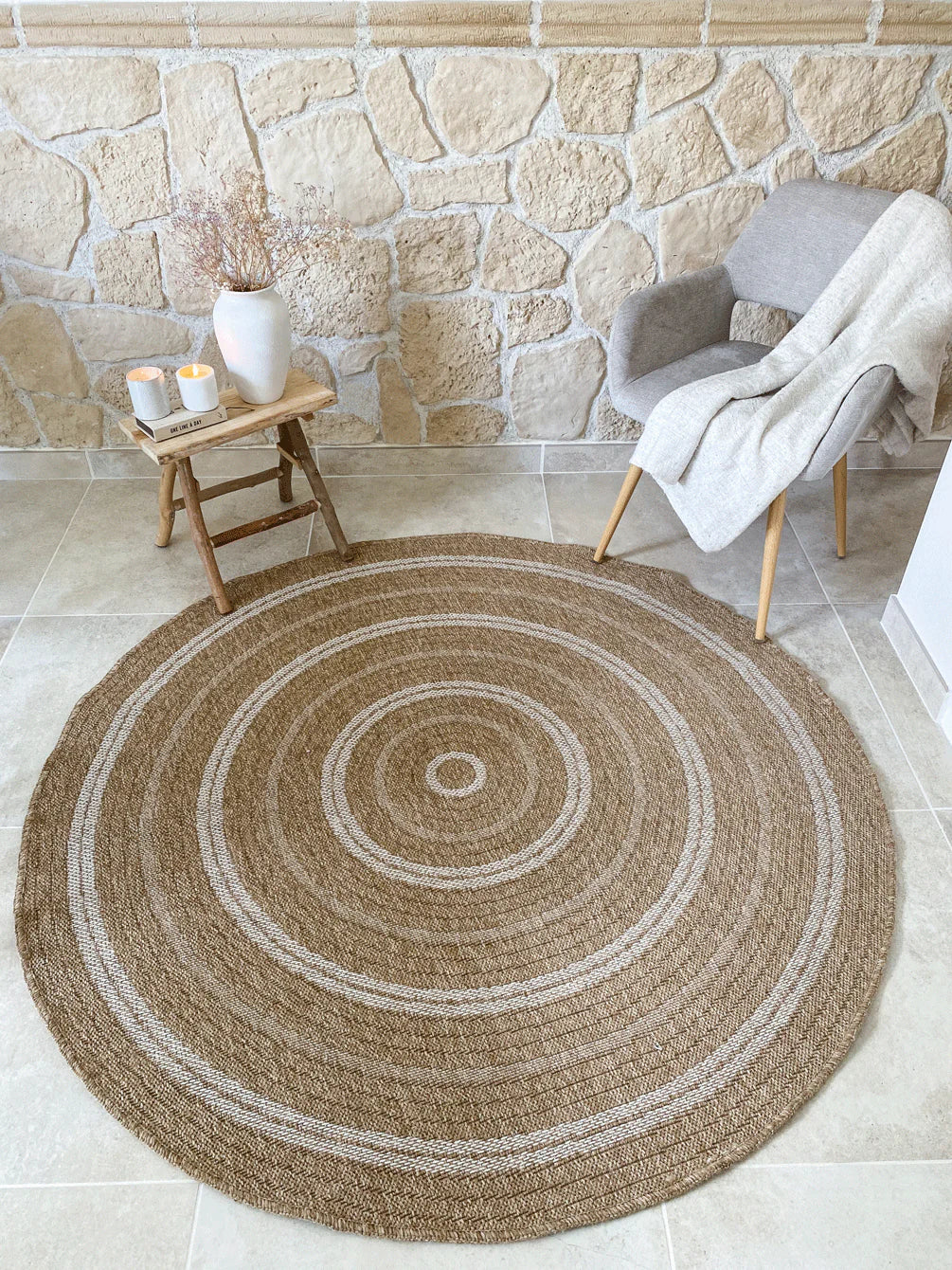 Tapis aspect jute nature motifs rectangles blanc rond - Nature