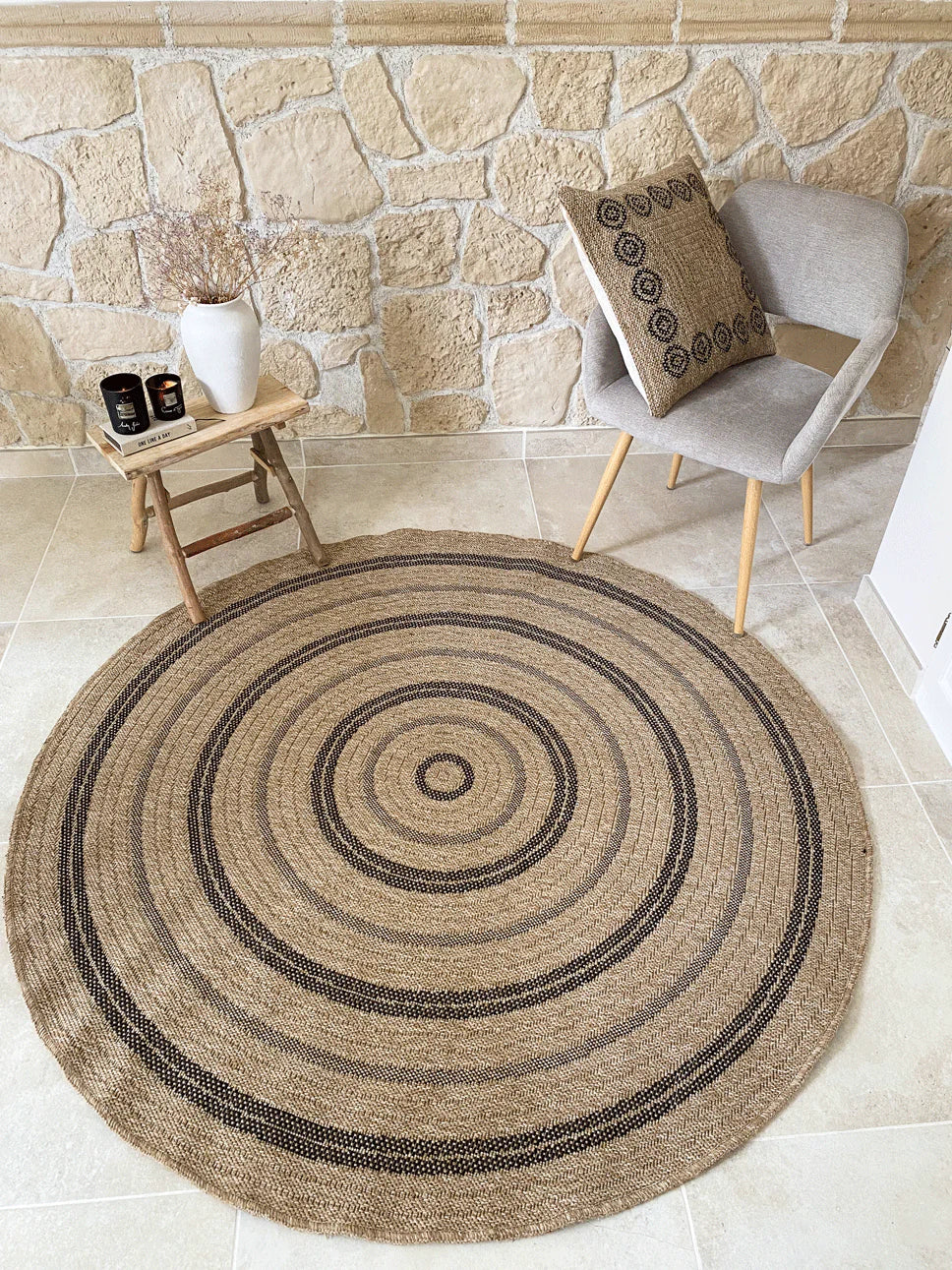 Tapis aspect jute nature motifs rectangles noirs rond - Nature