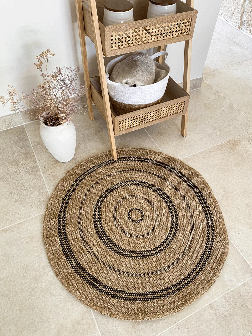 Tapis aspect jute nature motifs rectangles noirs rond - Nature