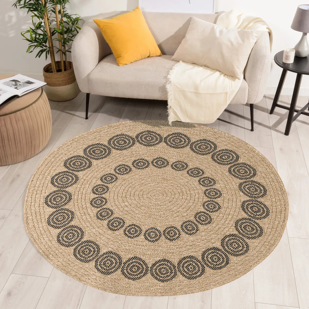 Tapis aspect jute nature motifs géométriques noirs rond - Nature