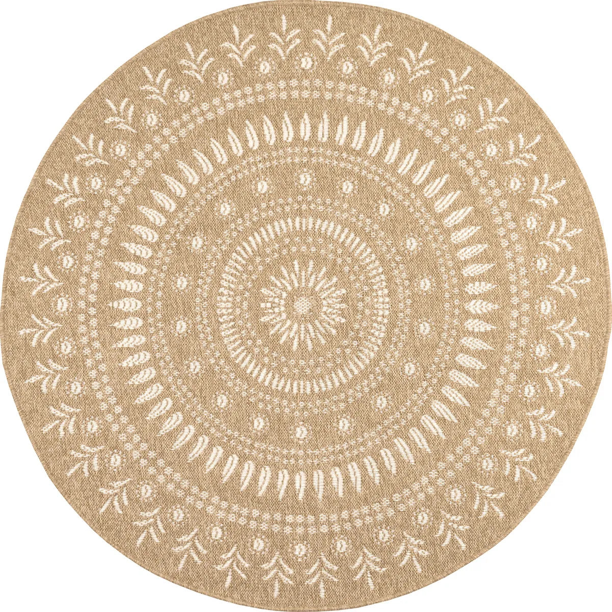 Tapis aspect jute nature motifs orientaux blancs rond - Nature