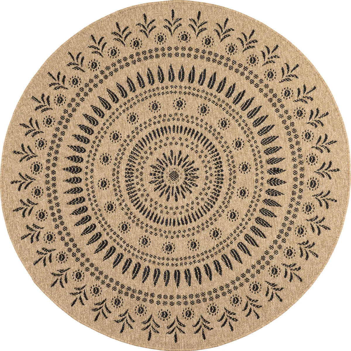Tapis aspect jute nature motifs orientaux noirs rond - Nature