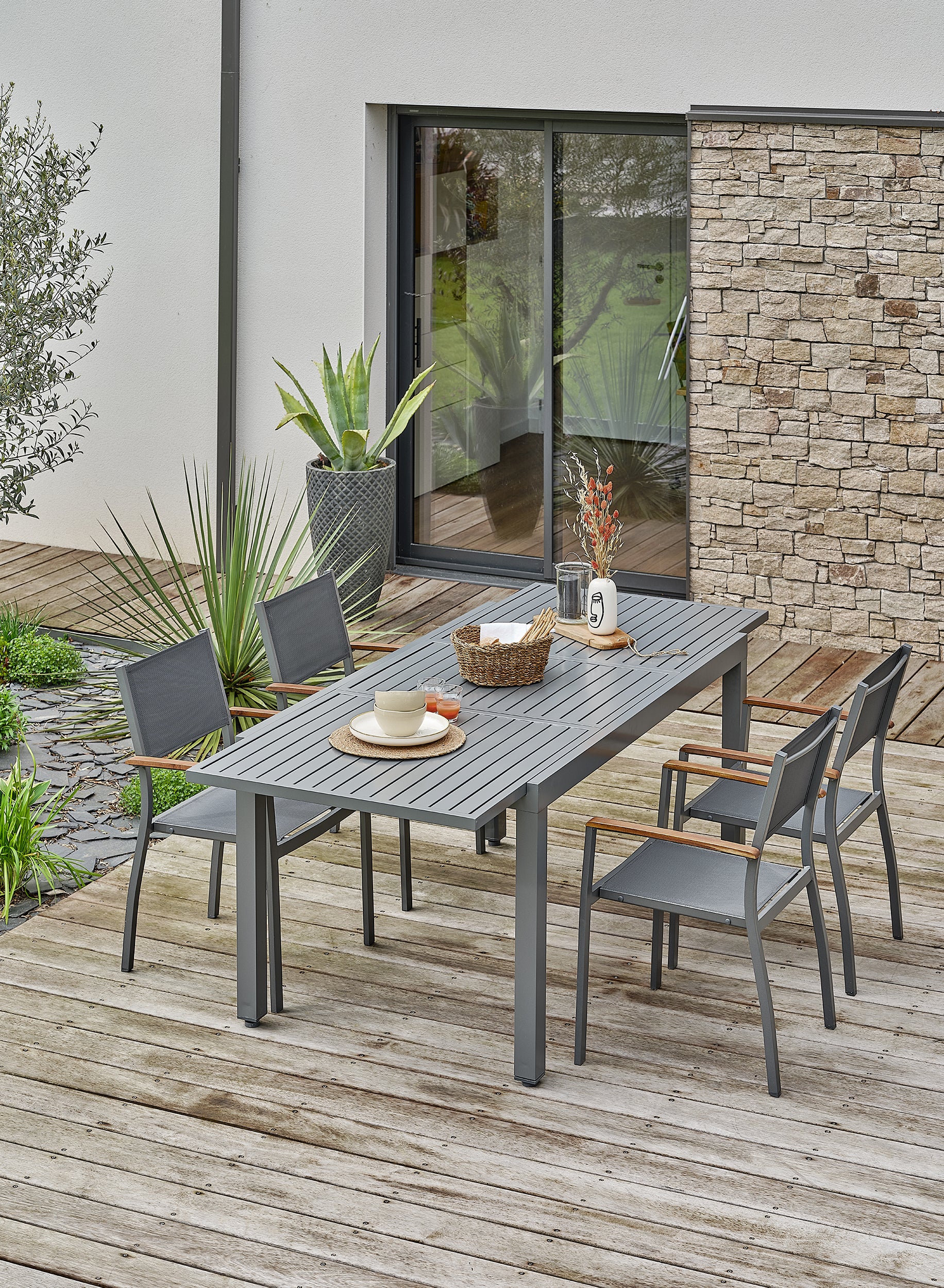 Ensemble repas extensible de jardin Orsino 4 places - Gris anthracite 160 à 220 cm