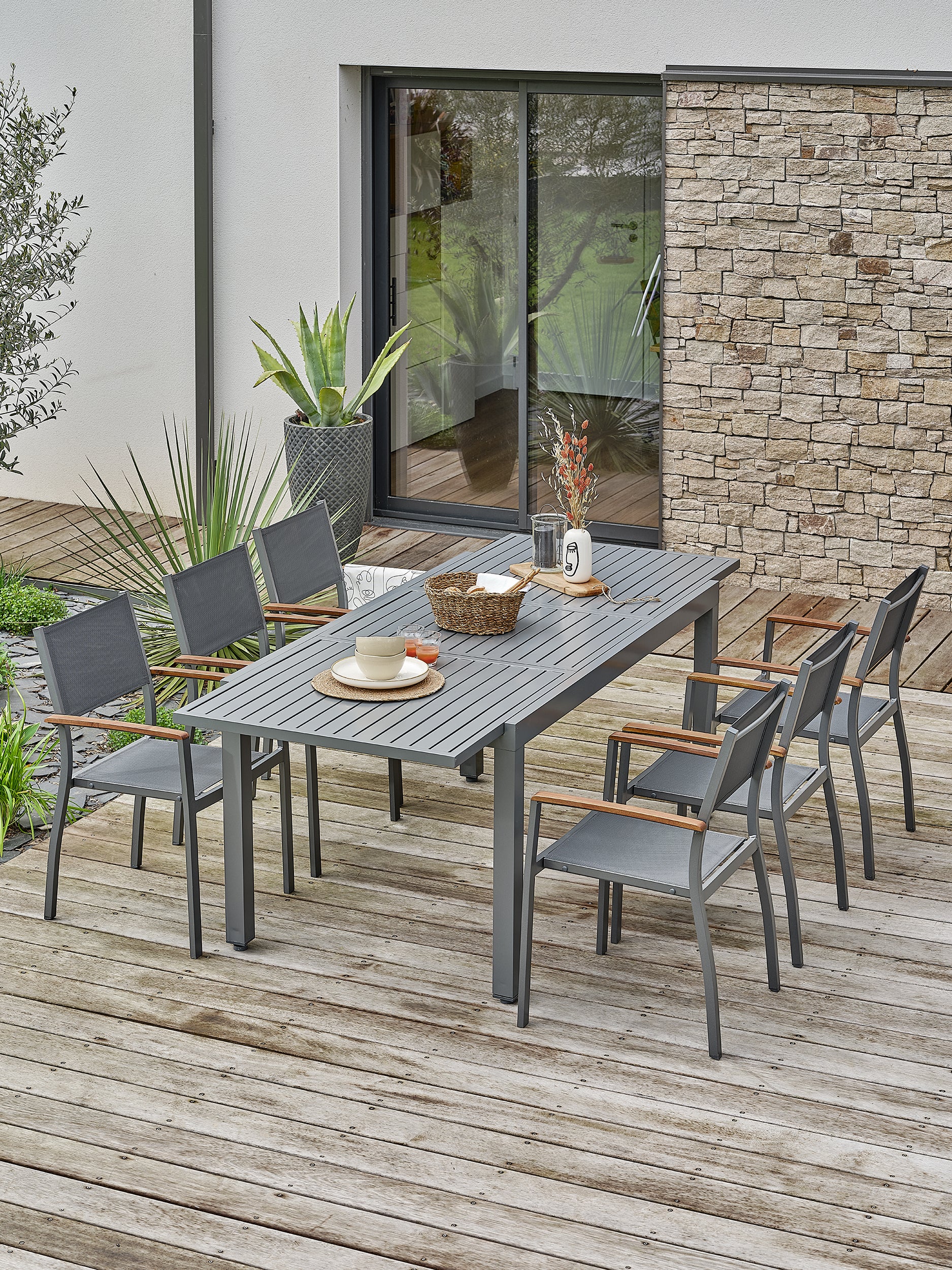 Ensemble repas de jardin table extensible en aluminium et 6 fauteuils - Orsino