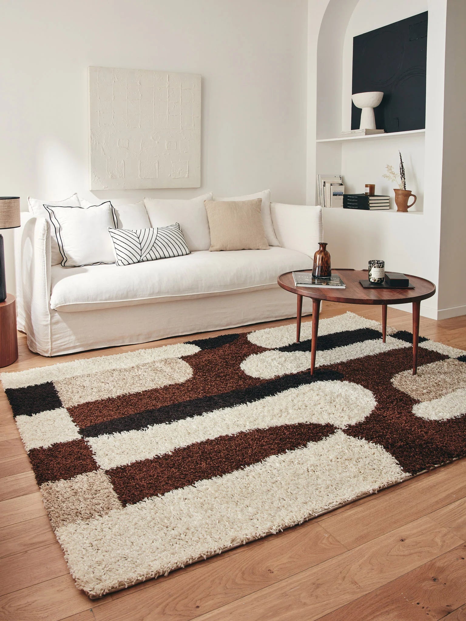 Tapis à poils longs motifs abstraits de couleur marron, beige, café et crème - Palerme