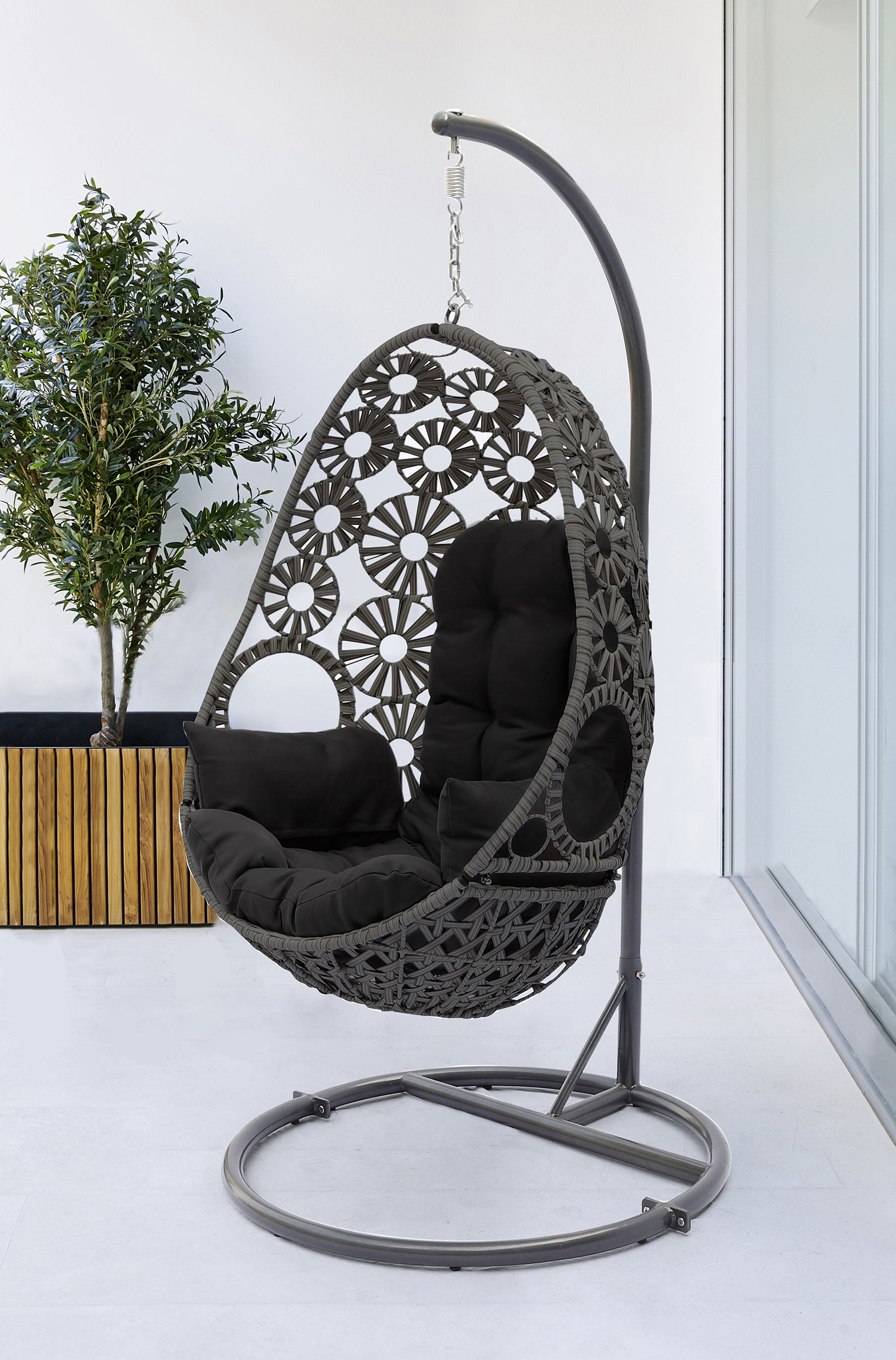 Balancelle de jardin SAMOA en résine tressée avec coussin noir - GRIS ANTHRACITE