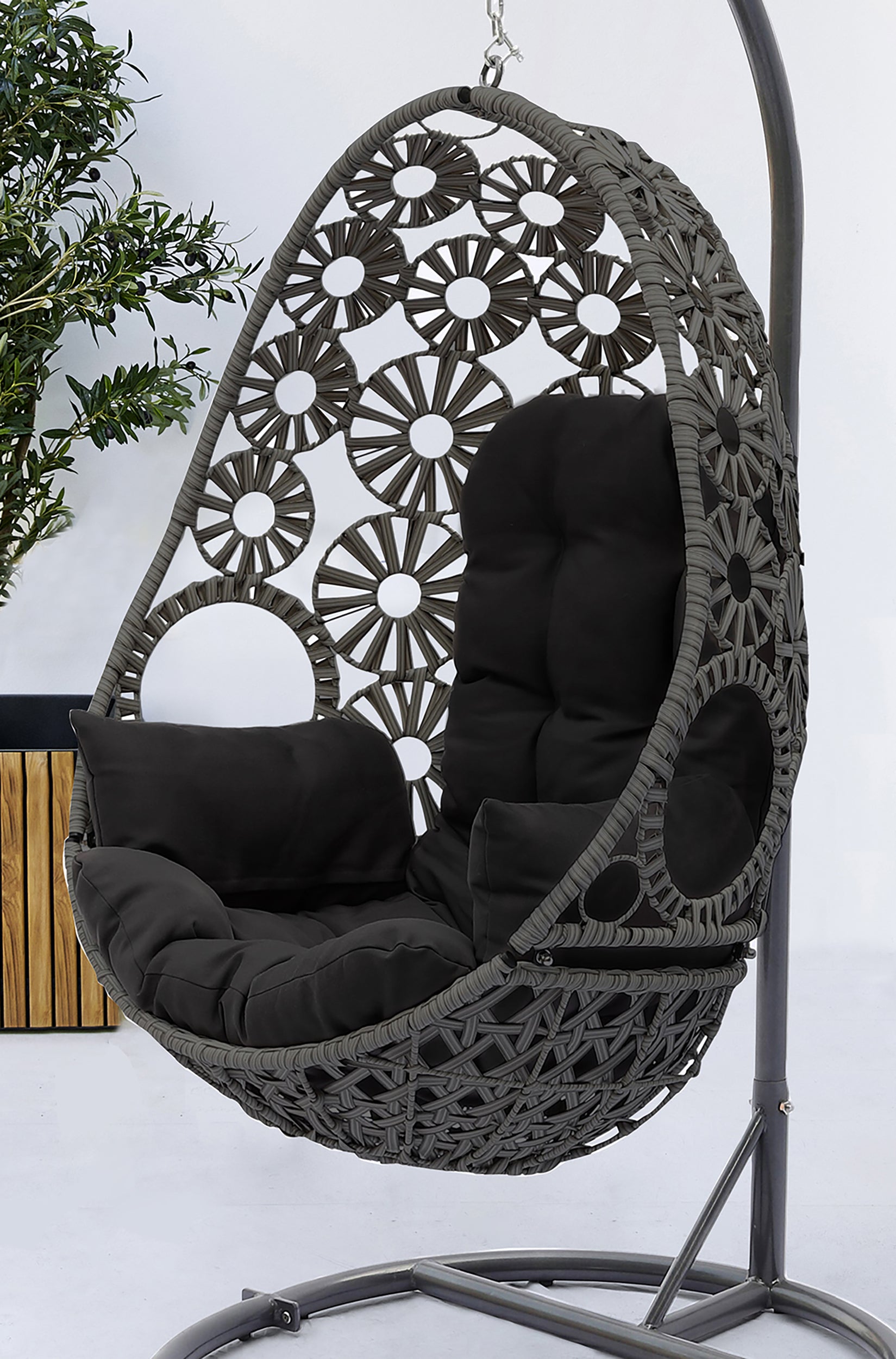 Balancelle de jardin SAMOA en résine tressée avec coussin noir - GRIS ANTHRACITE