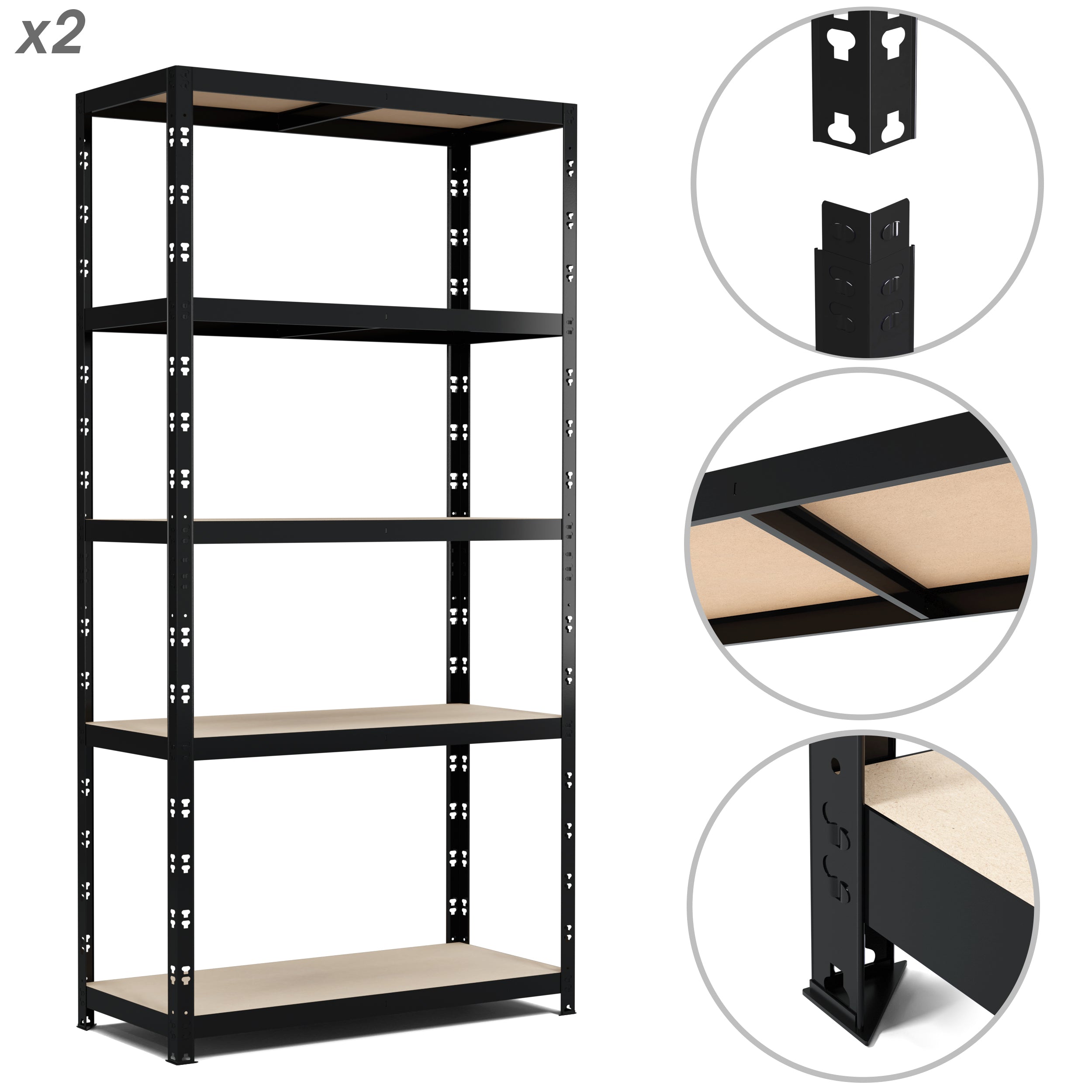 Lot de 2 Etagères de Rangement Charges Lourdes 180x90x40cm Noir