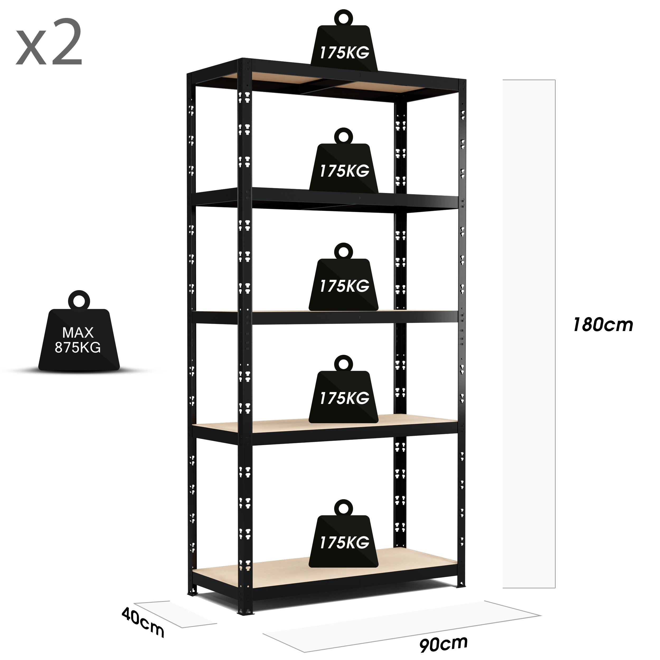Lot de 2 Etagères de Rangement Charges Lourdes 180x90x40cm Noir