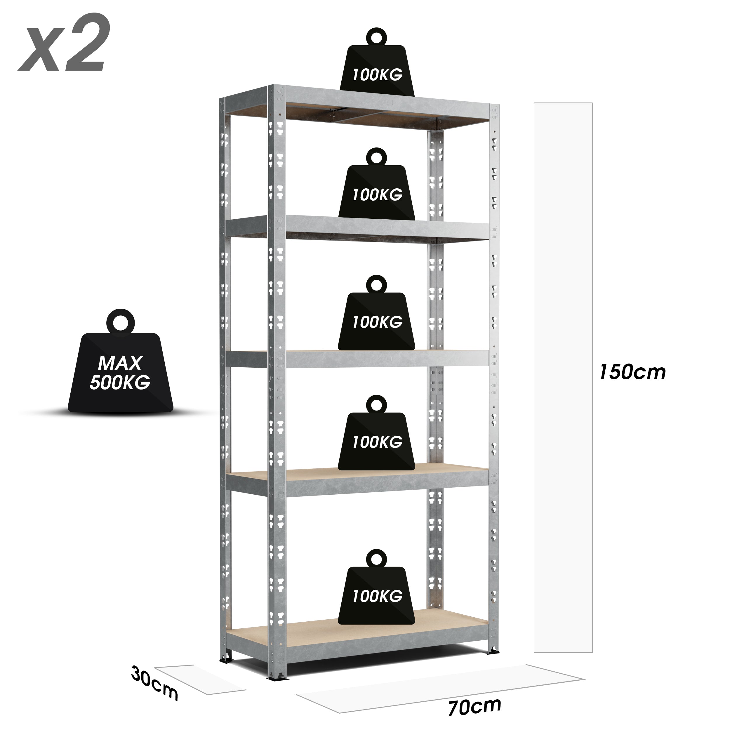 Lot de 2 Etagères de rangement Charges Lourdes 150x70x30cm