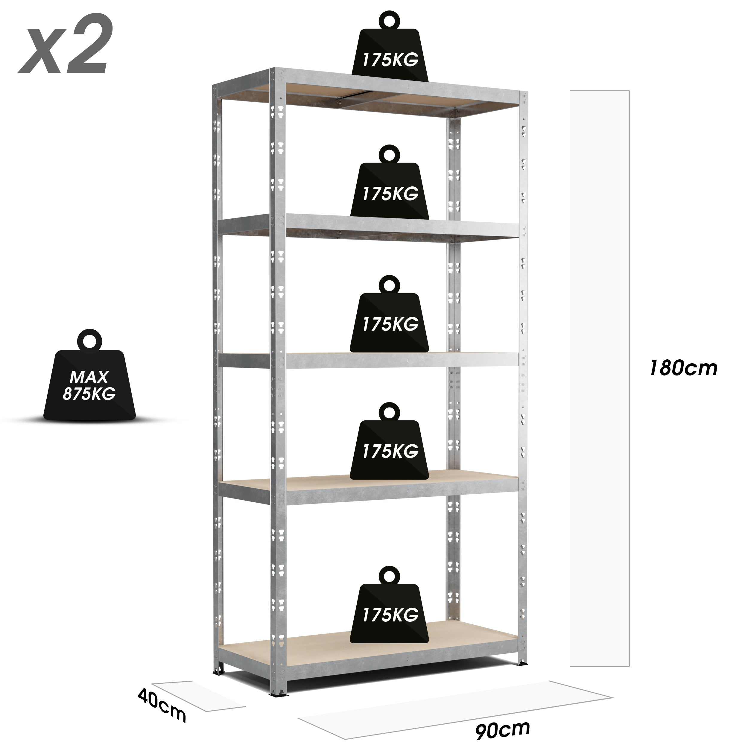 Lot de 2 Etagères de Rangement Charges Lourdes 180x90x40cm Gris