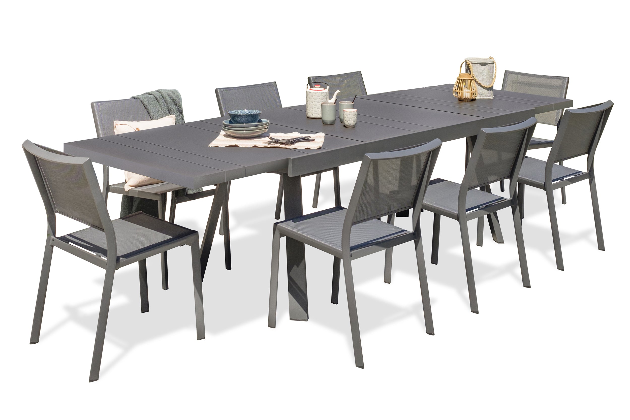 Table de jardin STOCKHOLM-TB300-ALU avec rallonge et 8 chaises STOCKHOLM-CH empilables