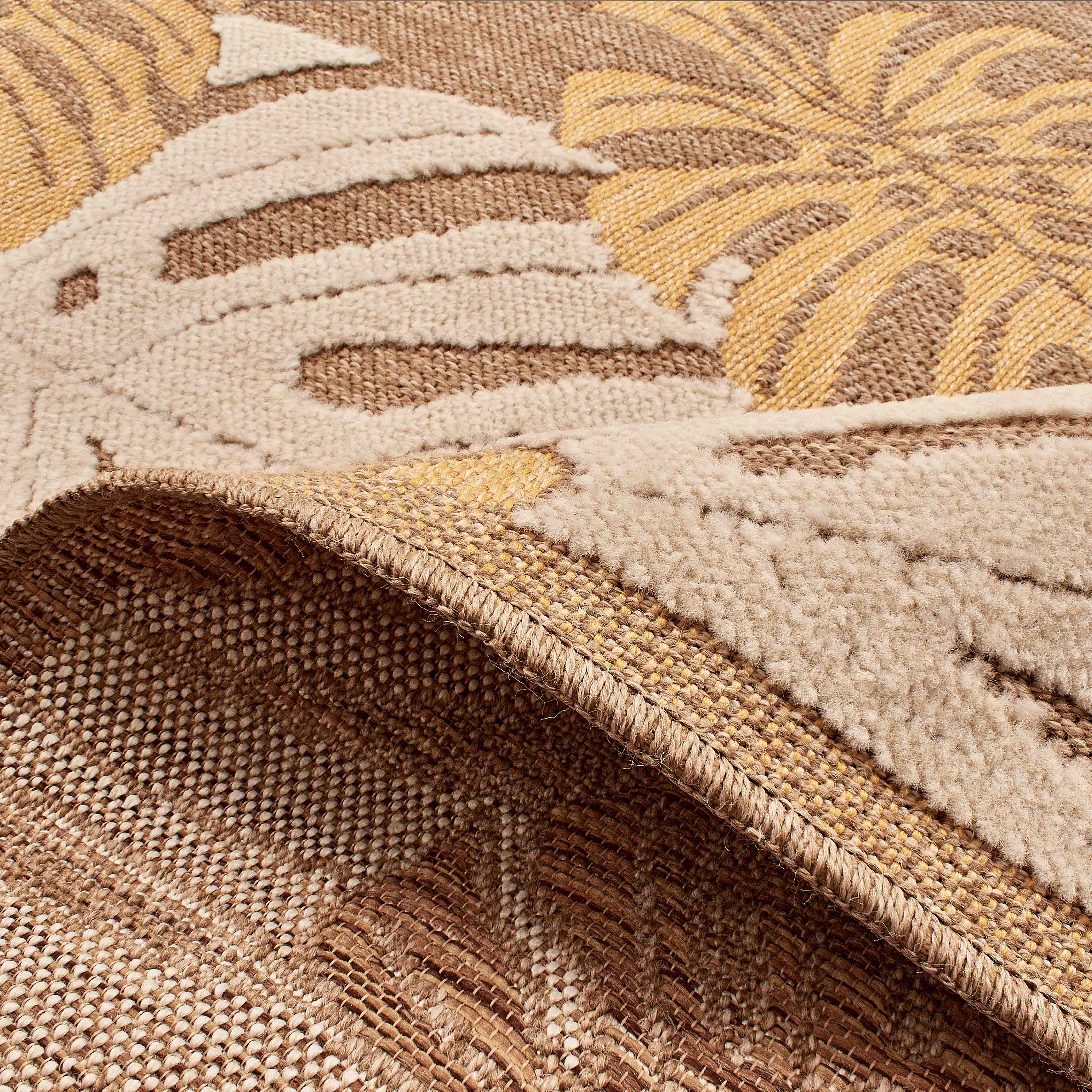 Tapis intérieur et extérieur aspect jute - Motifs feuilles - Jaune