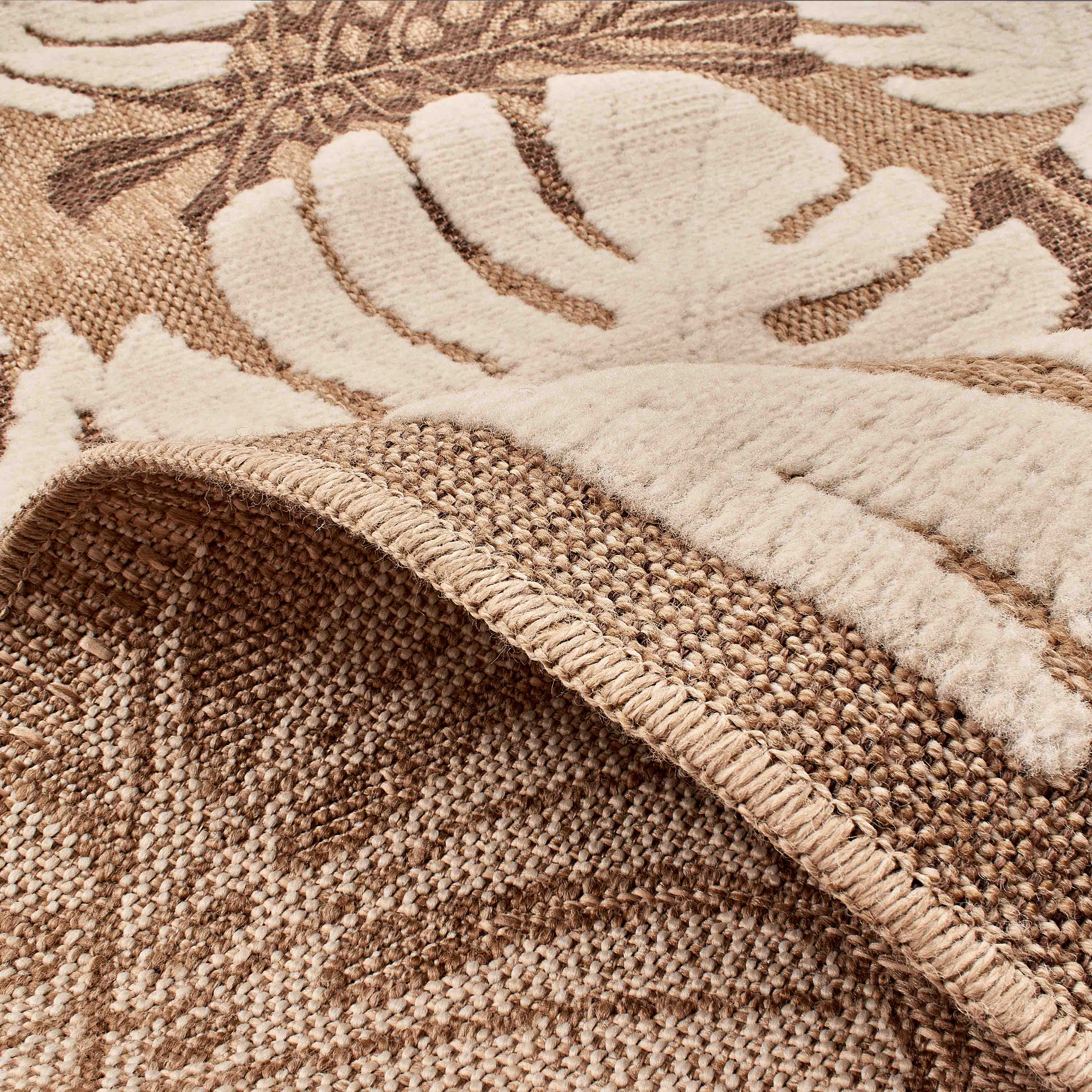 Tapis intérieur et extérieur - aspect jute motifs feuilles - marron