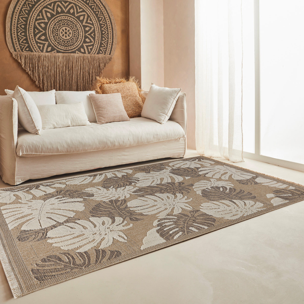 Tapis intérieur et extérieur - aspect jute motifs feuilles - marron