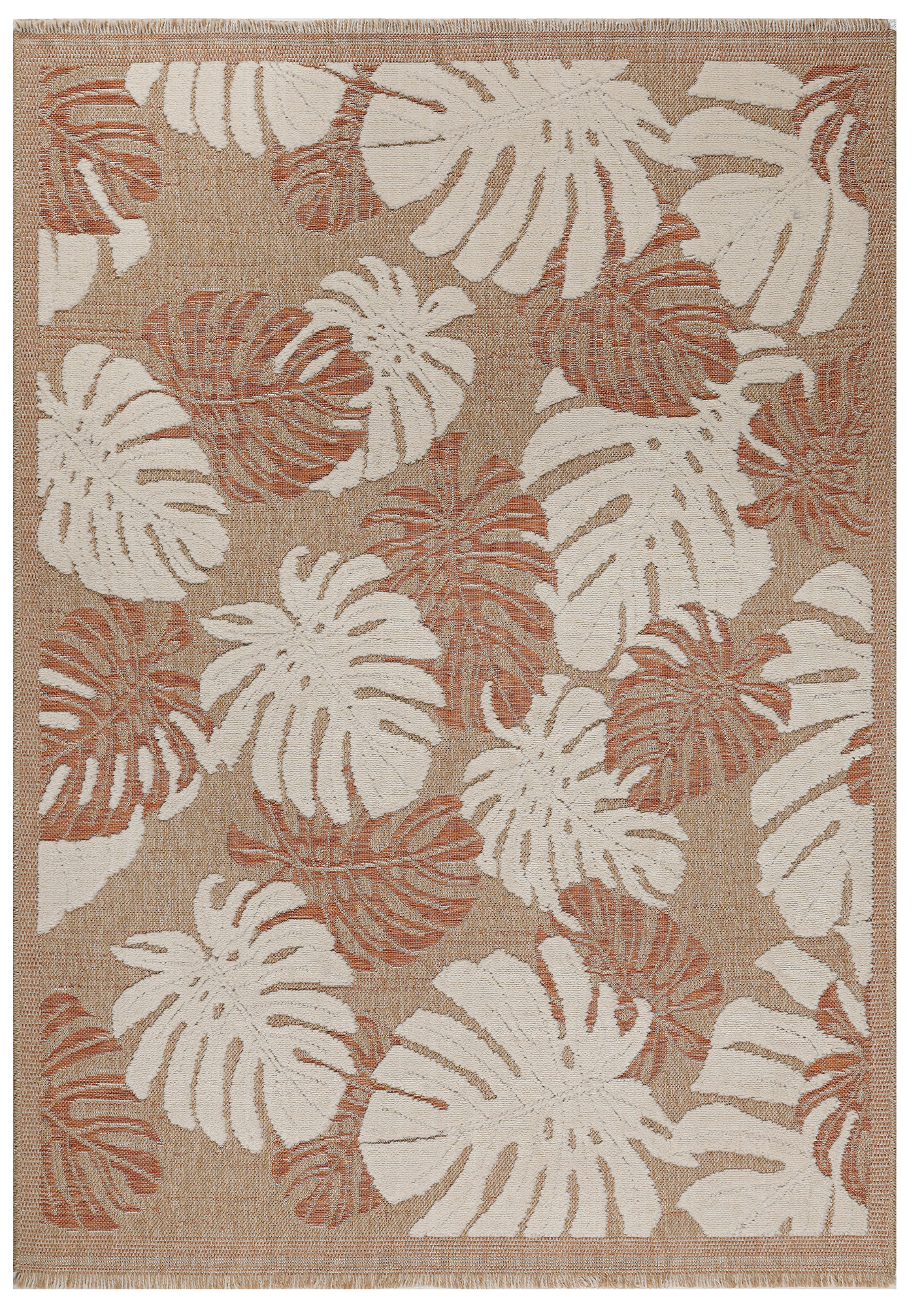 Tapis intérieur et extérieur aspect jute rouge motifs feuilles