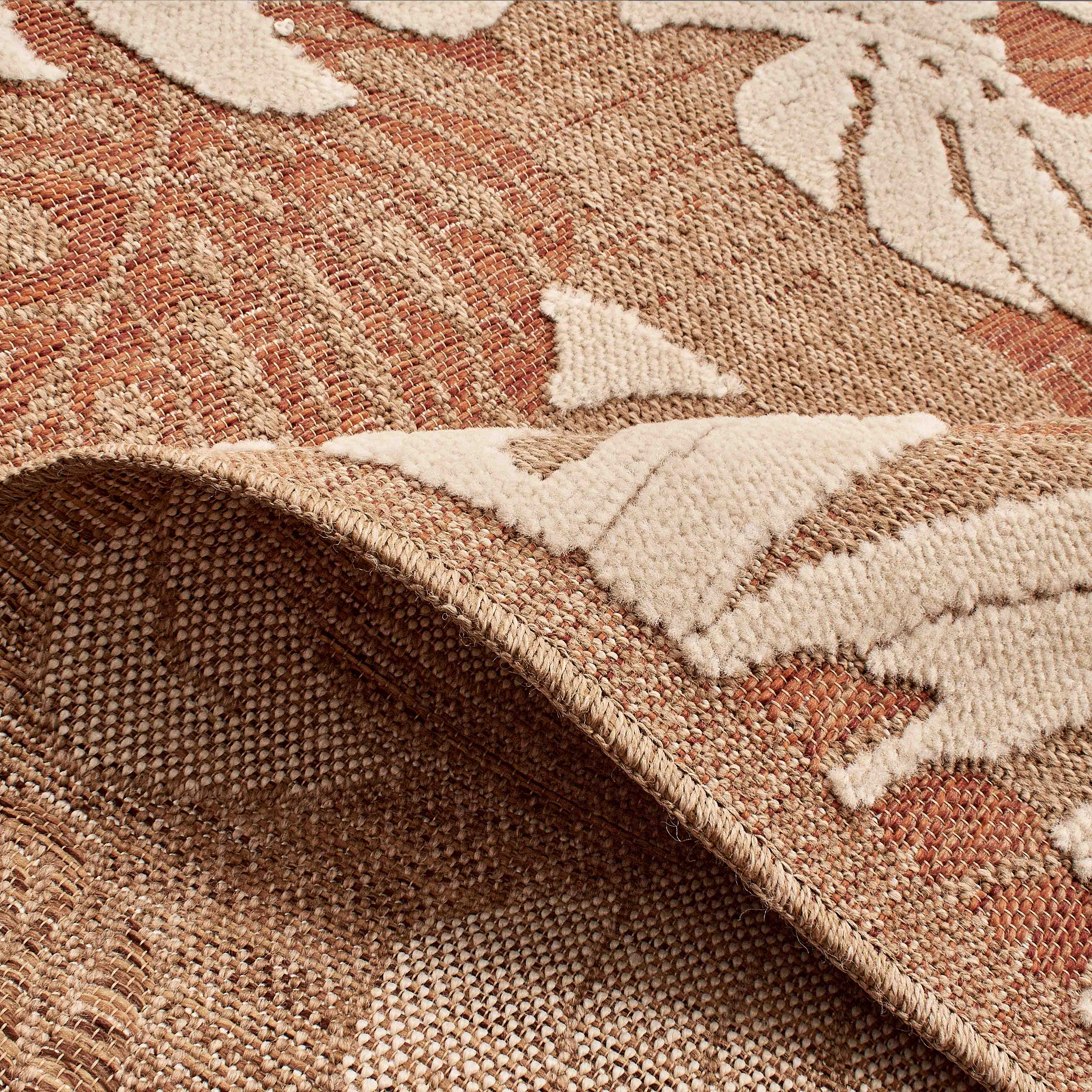 Tapis intérieur et extérieur aspect jute rouge motifs feuilles