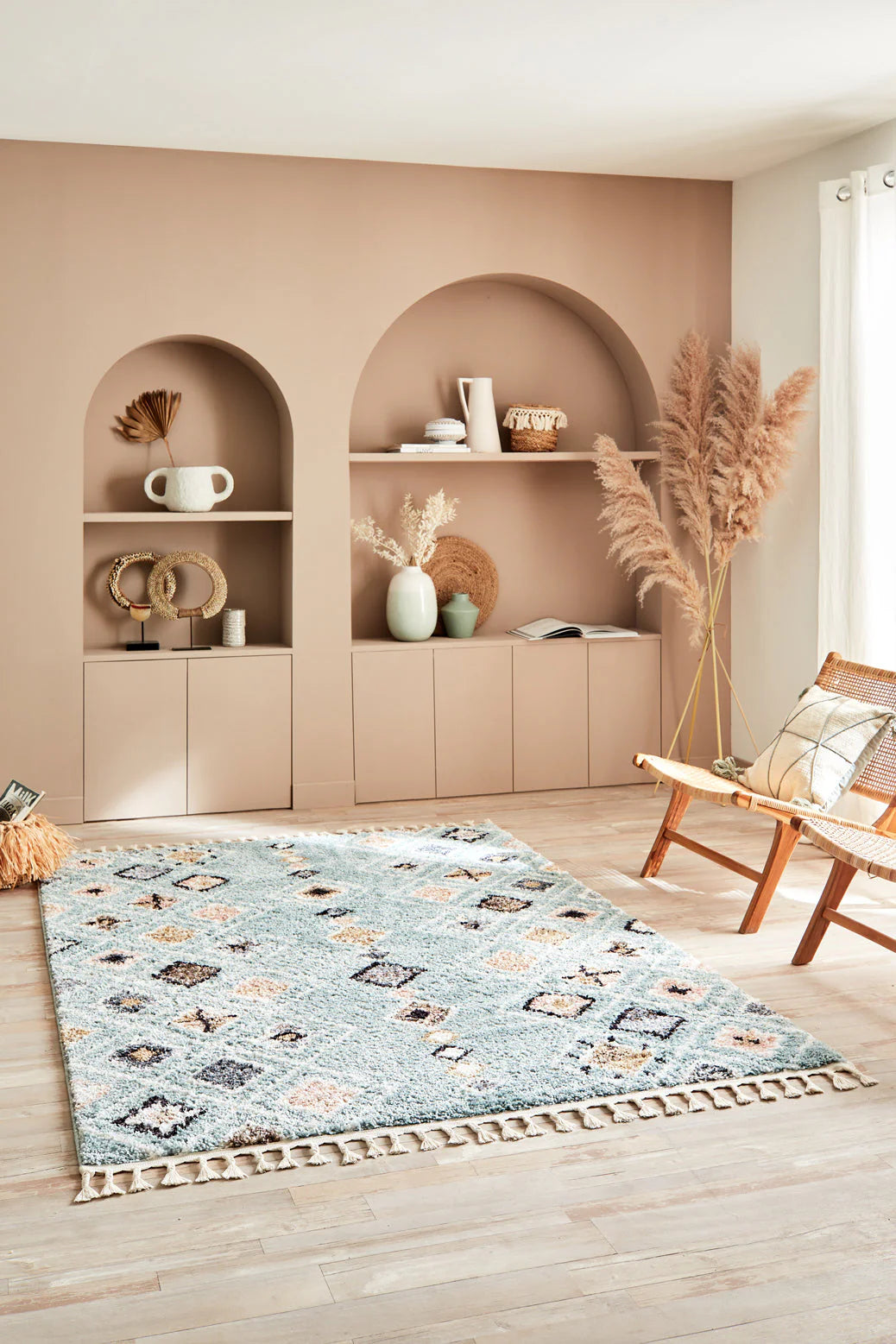 Tapis ethnique turquoise motifs losanges - Delya