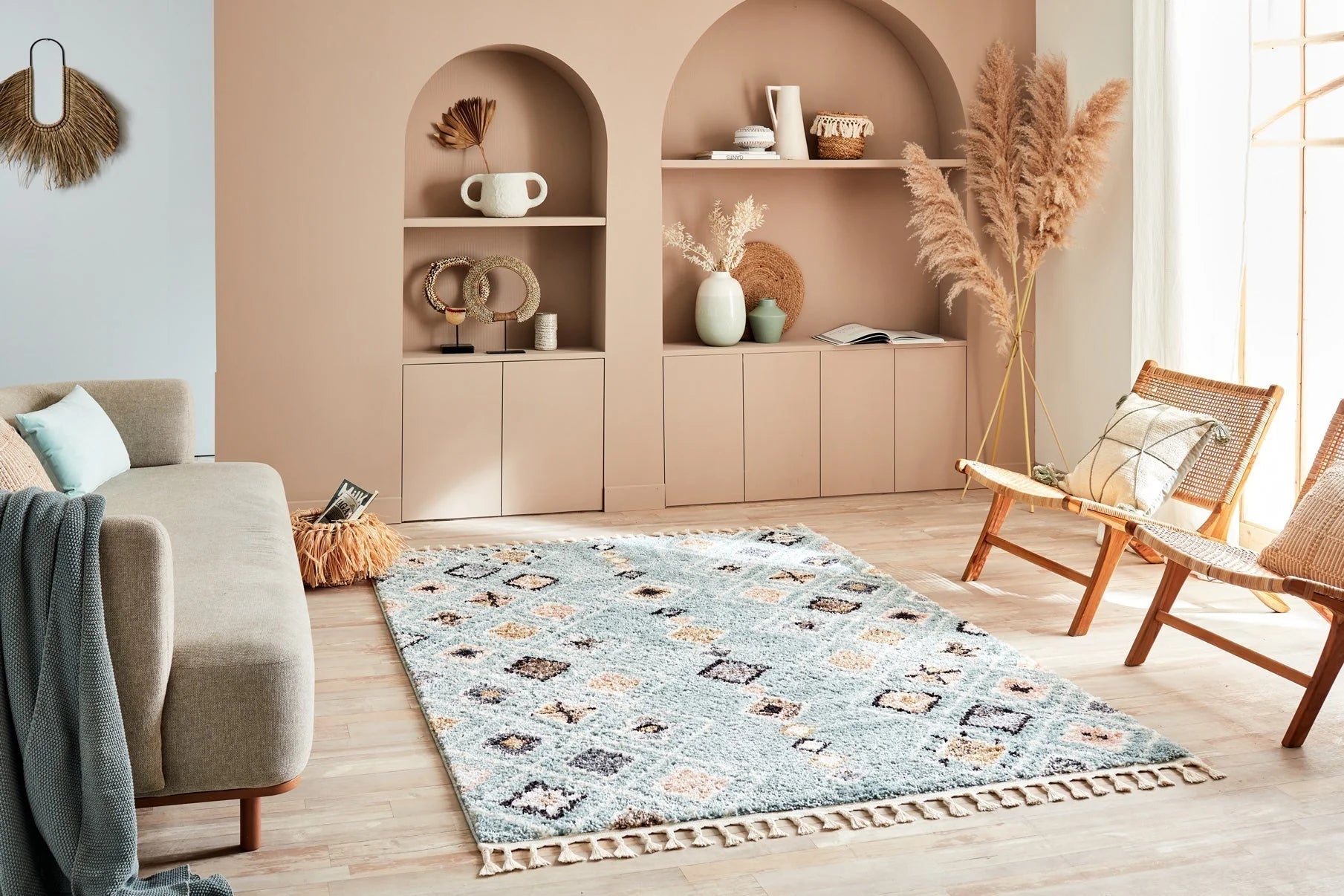 Tapis ethnique turquoise motifs losanges - Delya