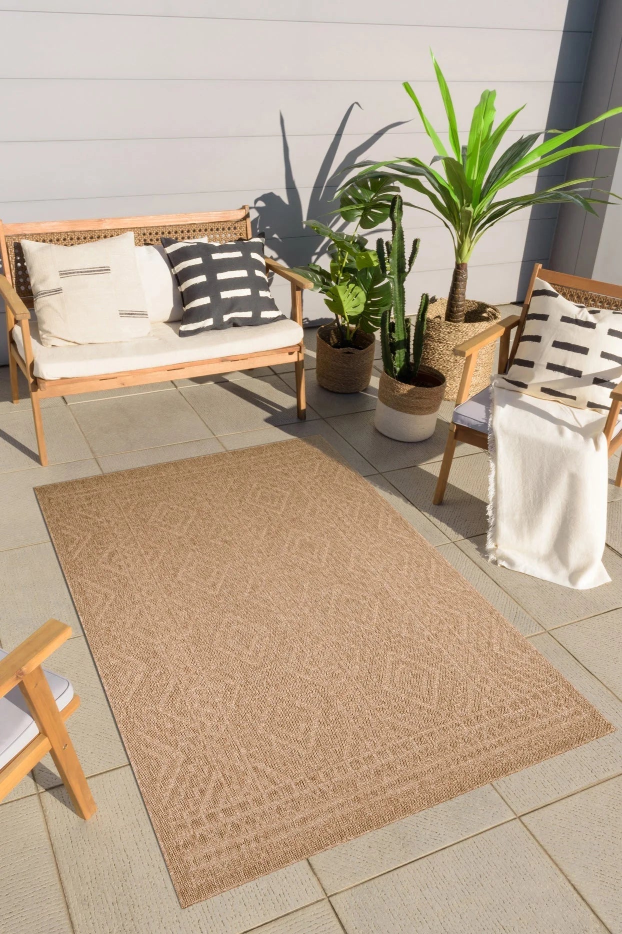 Tapis de salon - intérieur extérieur - aspect jute naturel - motifs géométriques beige - Nature