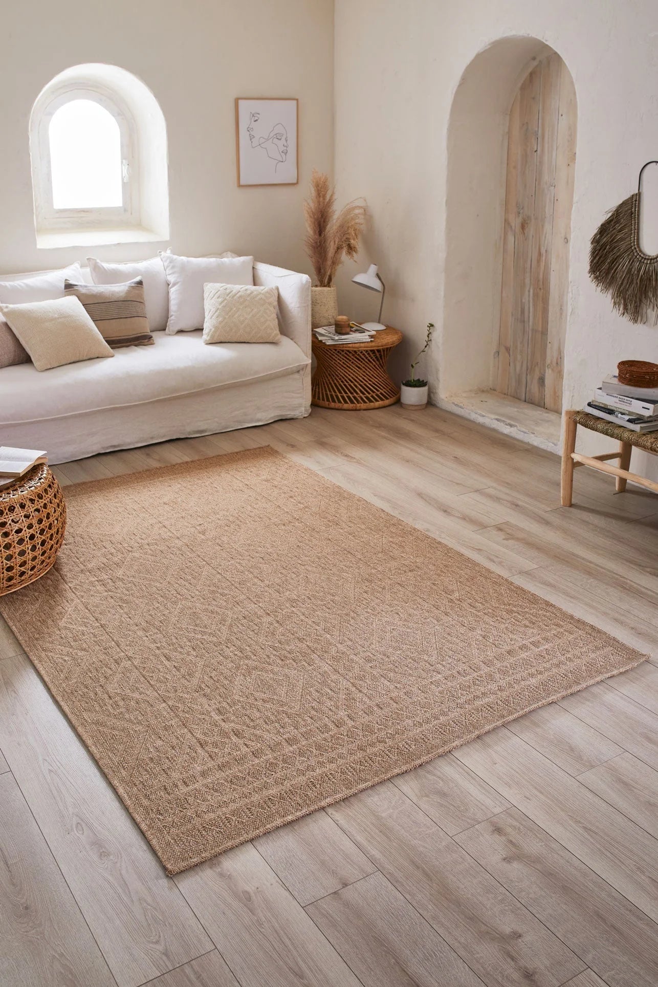 Tapis de salon - intérieur extérieur - aspect jute naturel - motifs géométriques beige - Nature