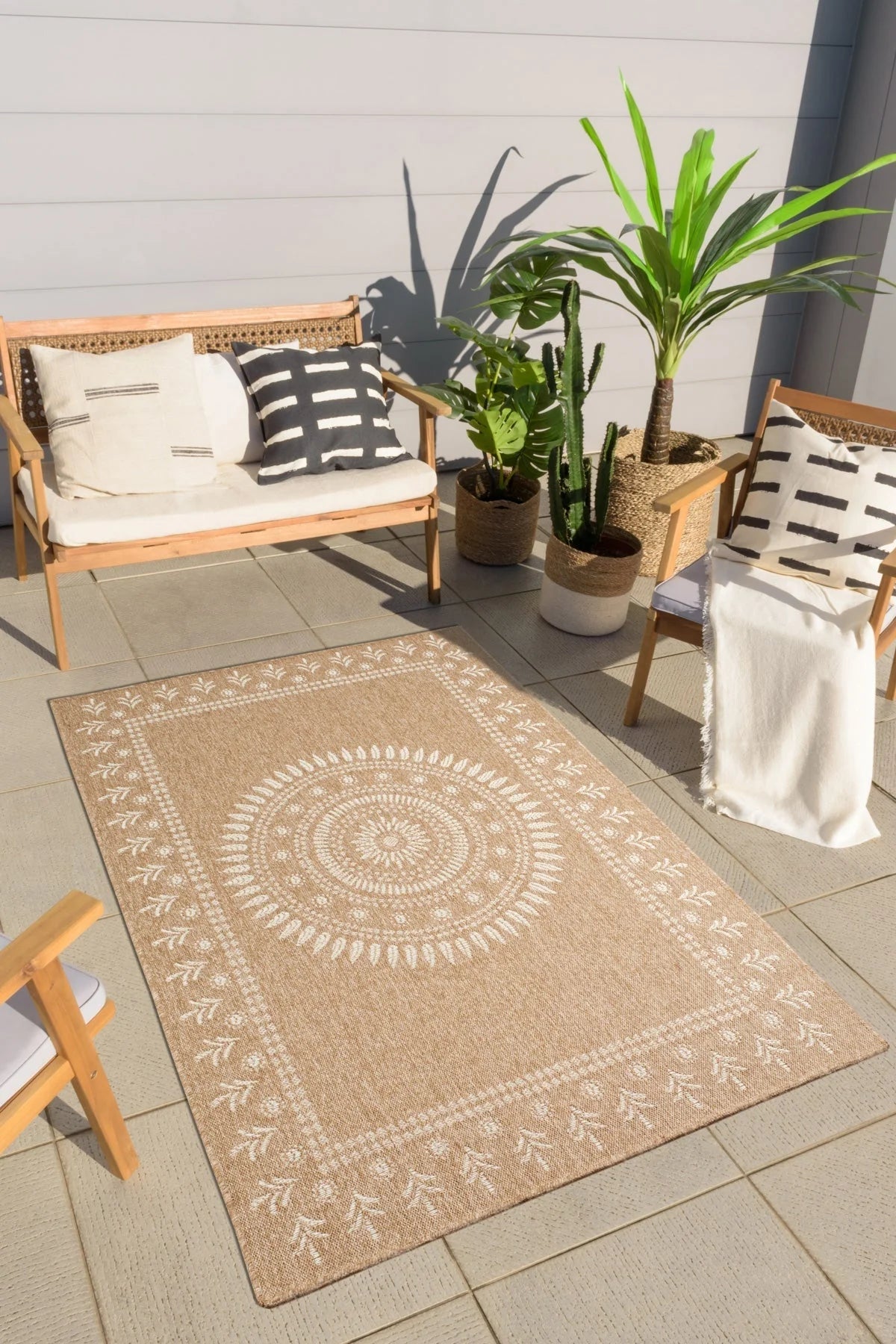Tapis aspect jute nature motifs orientaux blancs - Nature