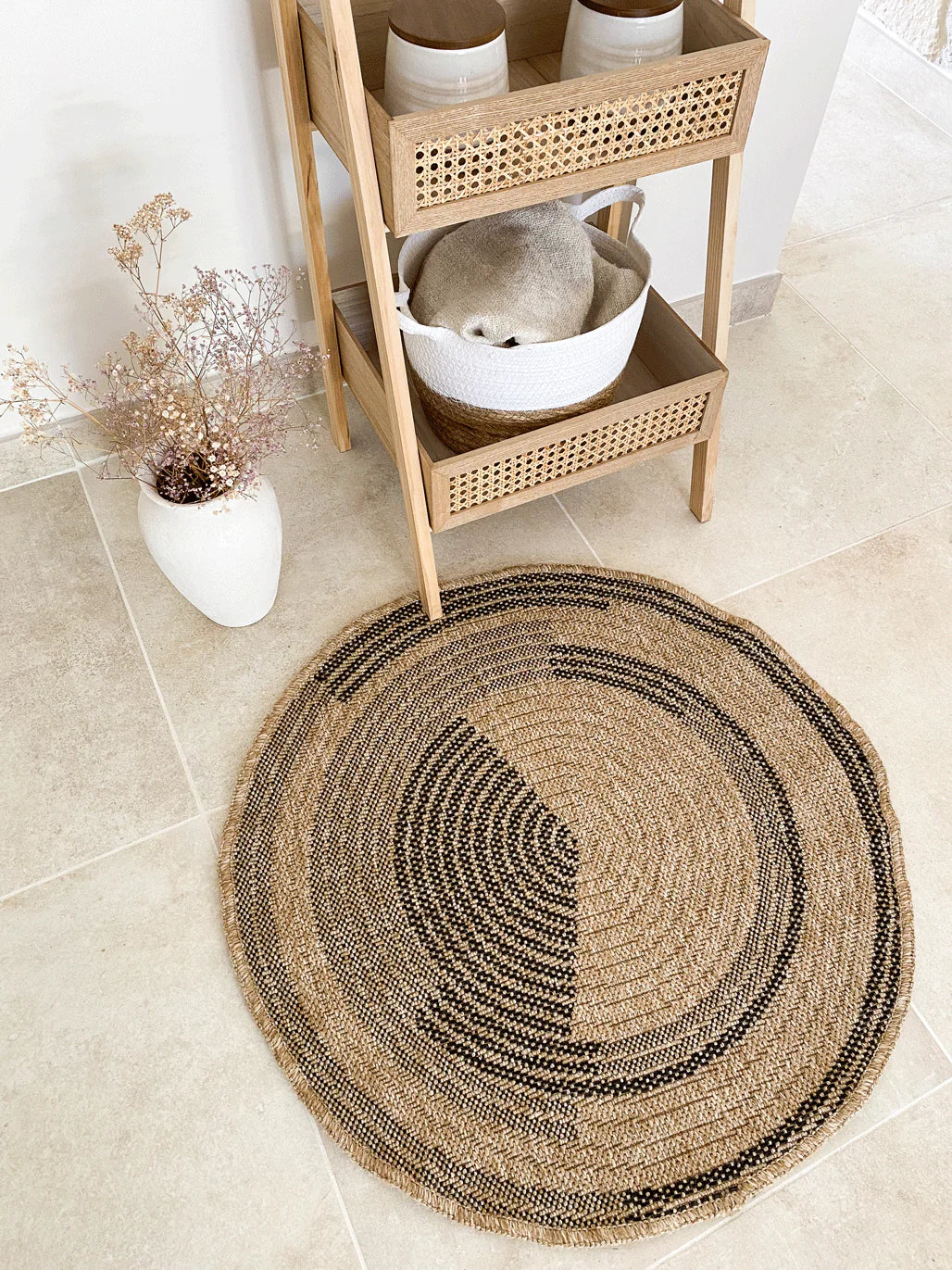 Tapis aspect jute nature motifs circulaires noirs - Nature