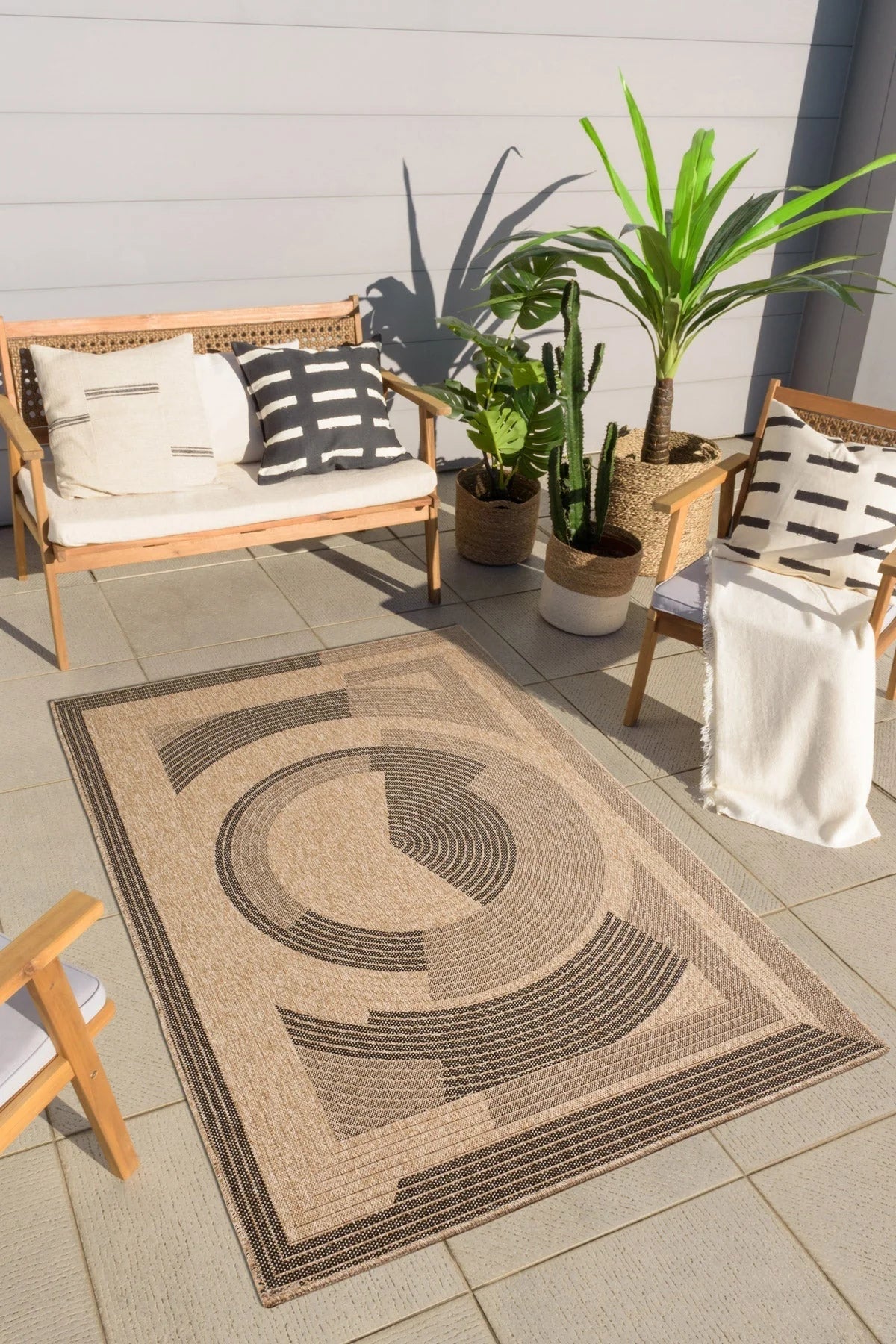 Tapis aspect jute nature motifs circulaires noirs - Nature