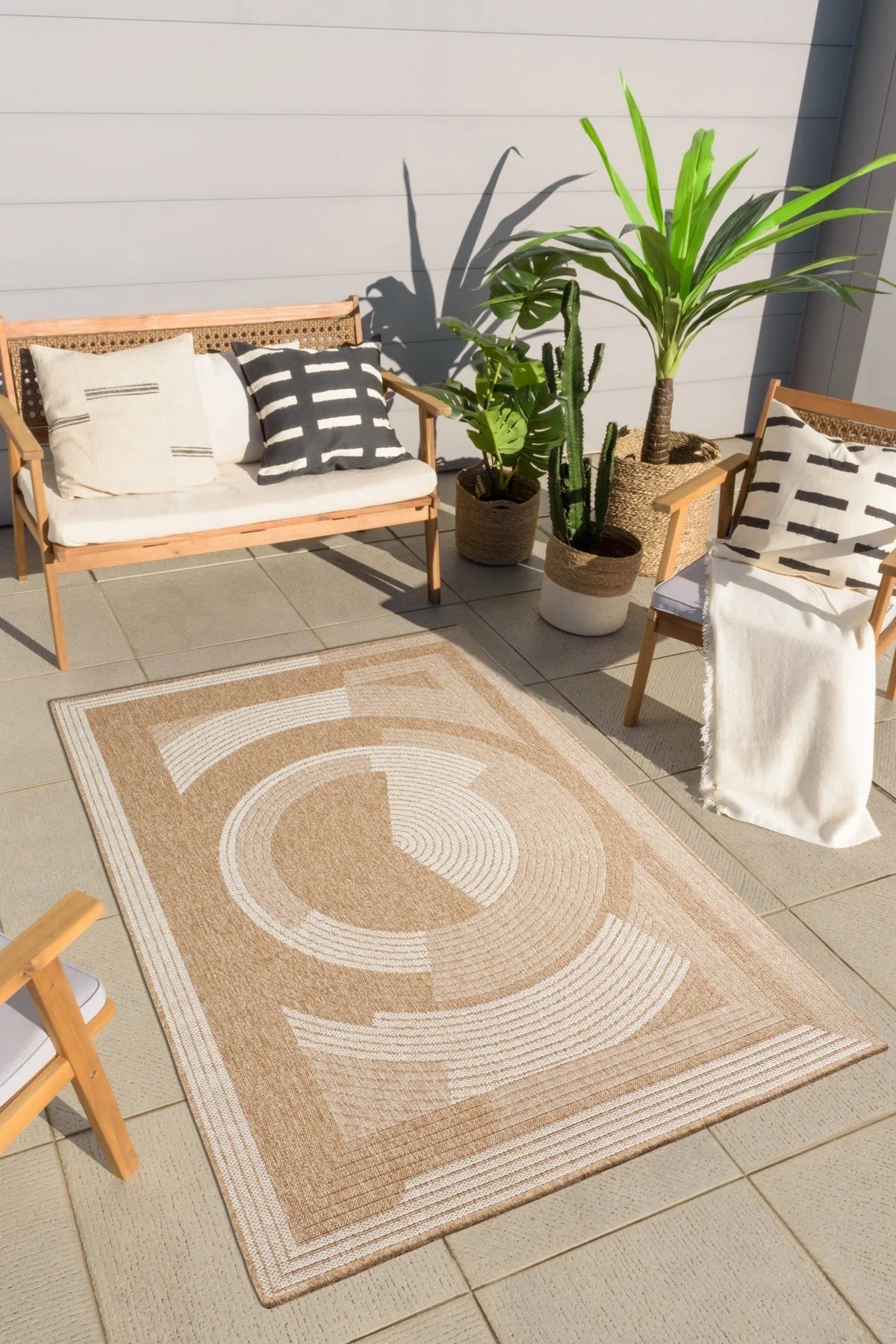 Tapis aspect jute nature motifs circulaires blancs - Nature