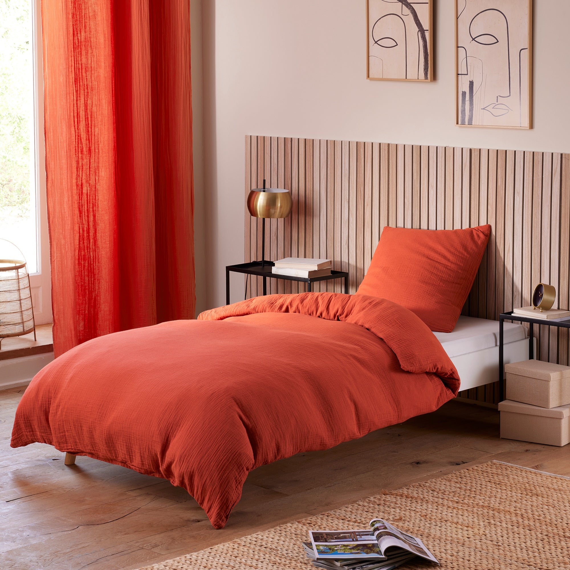 Pack 2 pièces Housse de couette 140x200cm + 1 taie d'oreiller 65X65cm gaze de coton Terracotta