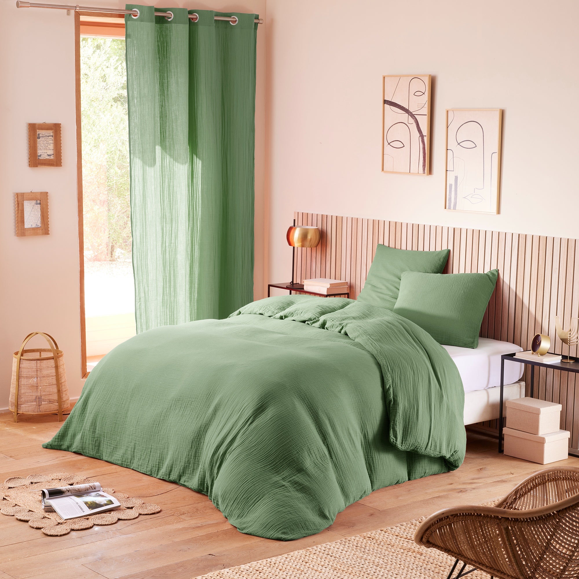 Pack 3 pièces Housse de couette - 240x220cm + 2 taies d'oreiller 65X65cm gaze de coton Olive