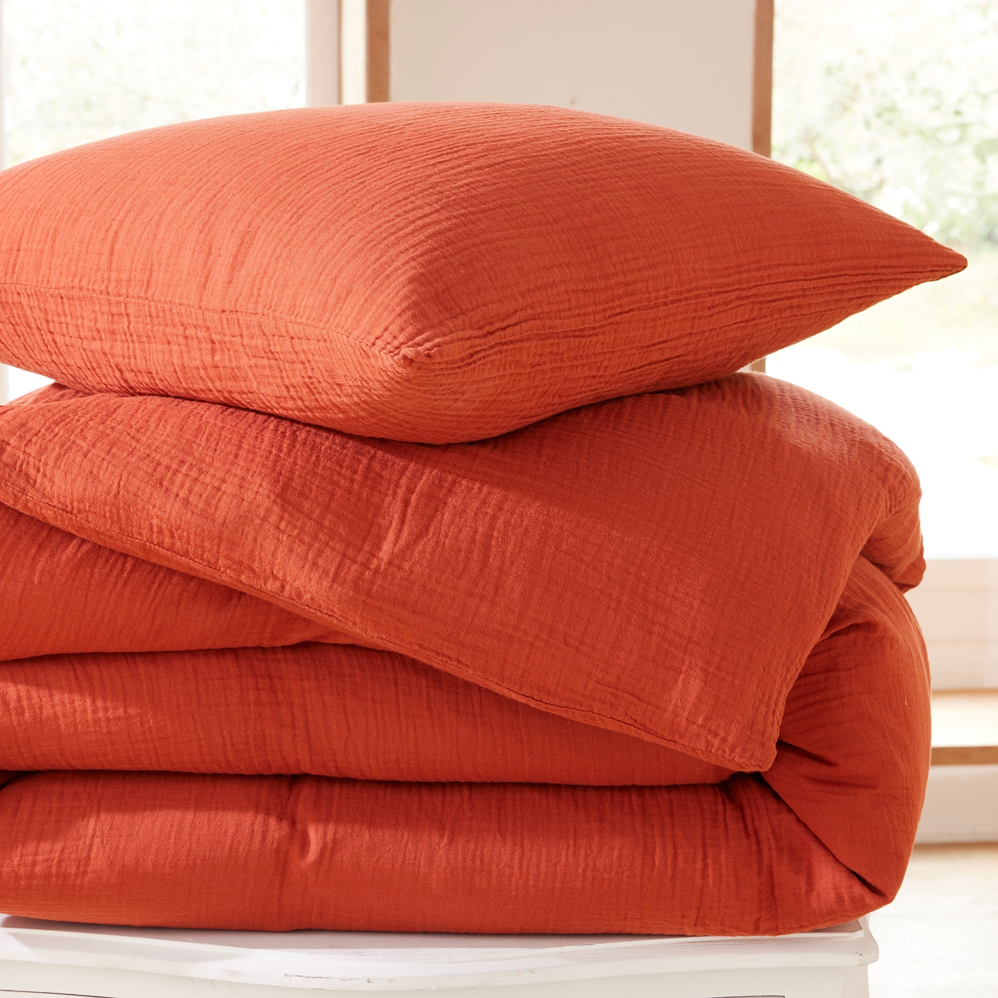 Pack 3 pièces Housse de couette 240x220cm + 2 taies d'oreiller 65X65cm gaze de coton Terracotta