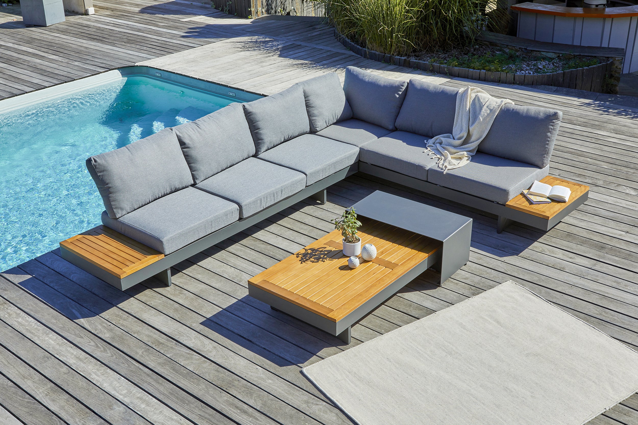 Salon de jardin d'angle VANUATU 6 places en bois d'acacia et aluminium - GRIS ANTHRACITE