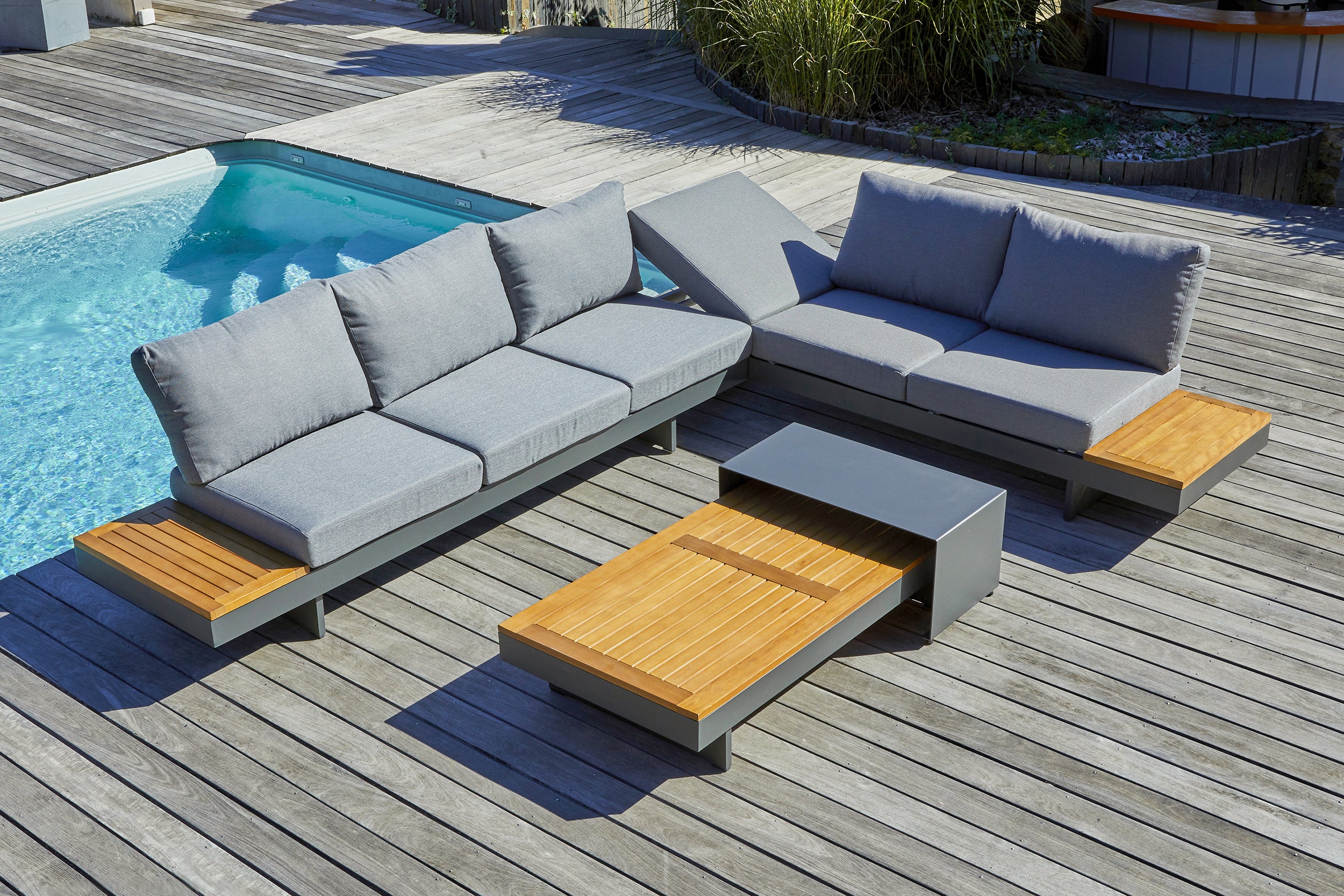 Salon de jardin d'angle VANUATU 6 places en bois d'acacia et aluminium - GRIS ANTHRACITE