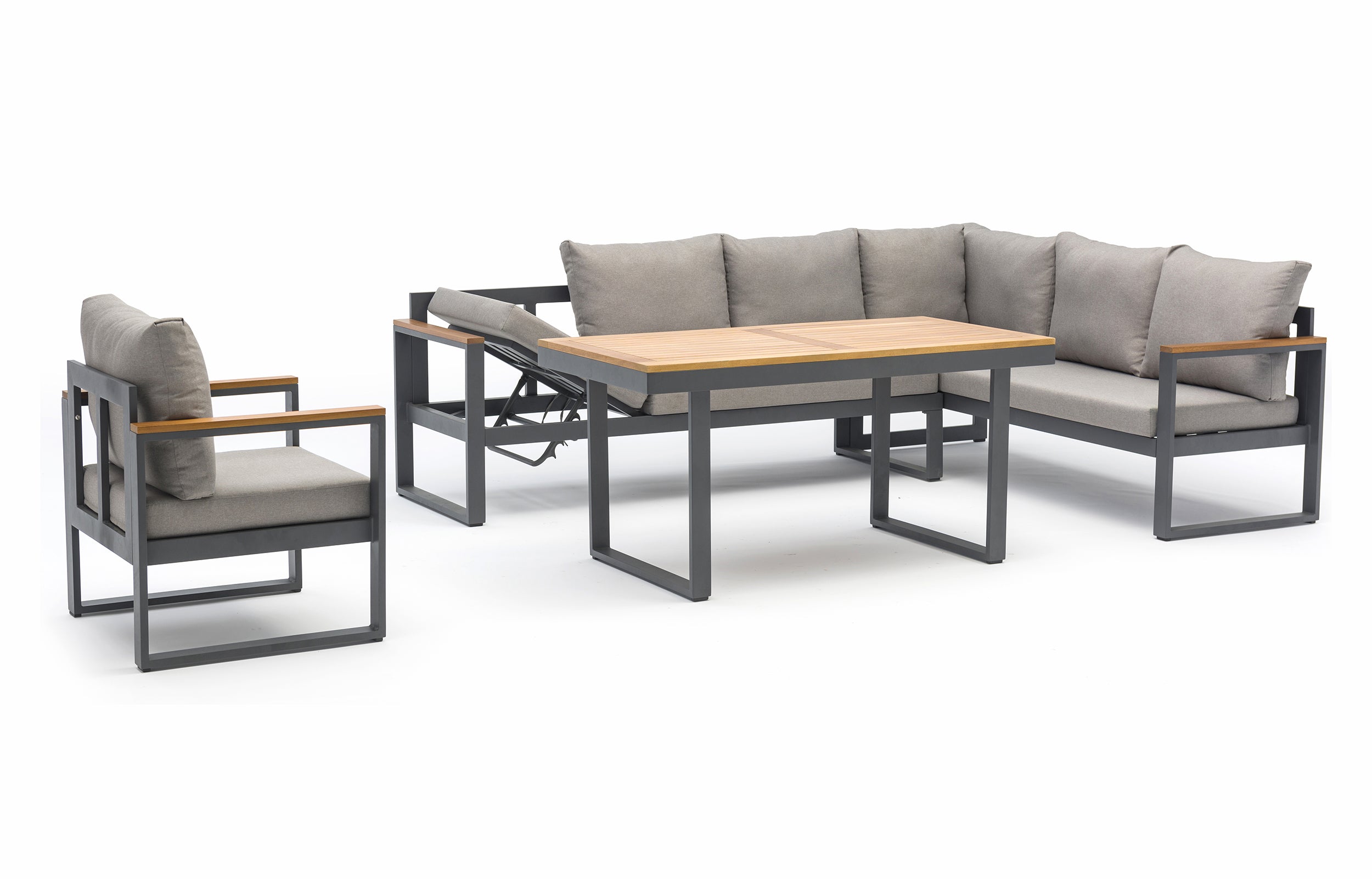 Ensemble repas de jardin YONAHA 7 places en aluminium et acacia - GRIS ANTHRACITE