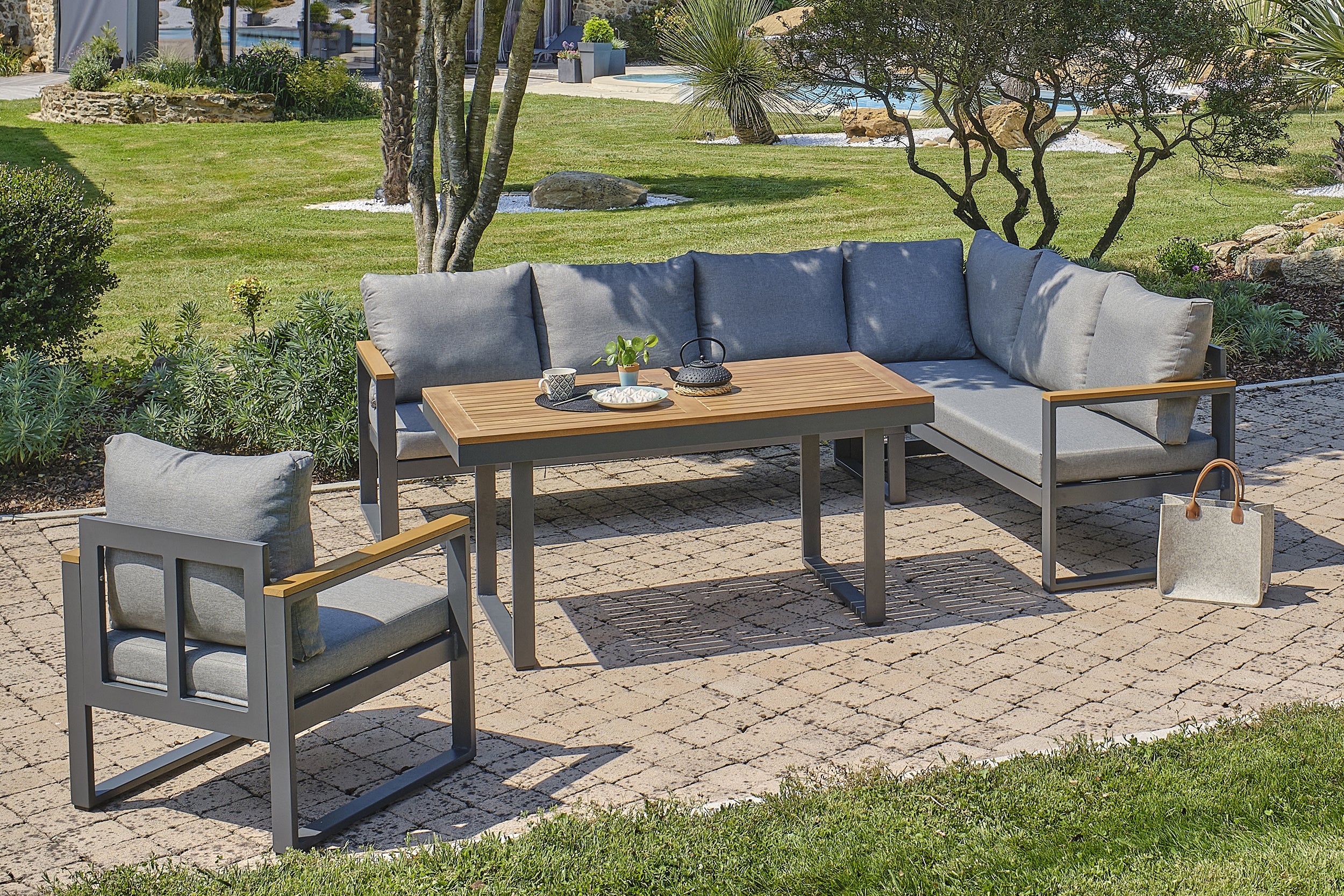 Ensemble repas de jardin YONAHA 7 places en aluminium et acacia - GRIS ANTHRACITE