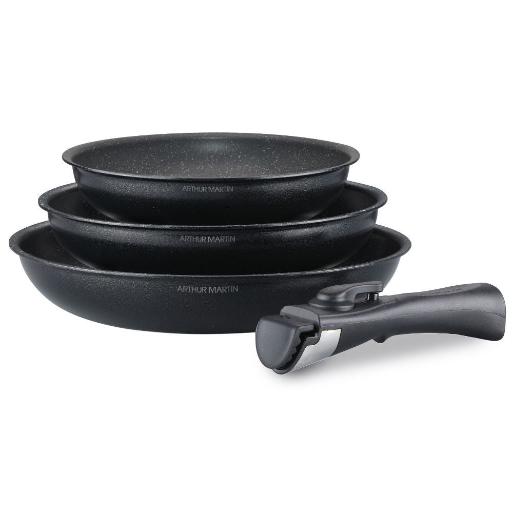 Set de 3 Poêles Tous Feux Noir Arthur Martin 20 - 24 - 28 cm avec une Poignée