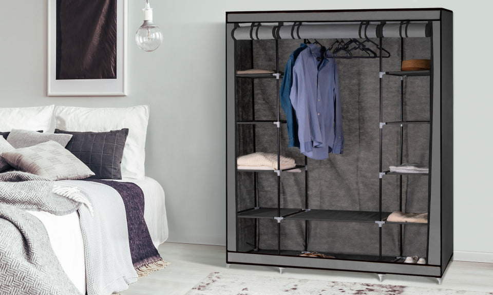 Armoire de rangement optimale grise avec accessoires - 2 cubes de rangement et 10 cintres
