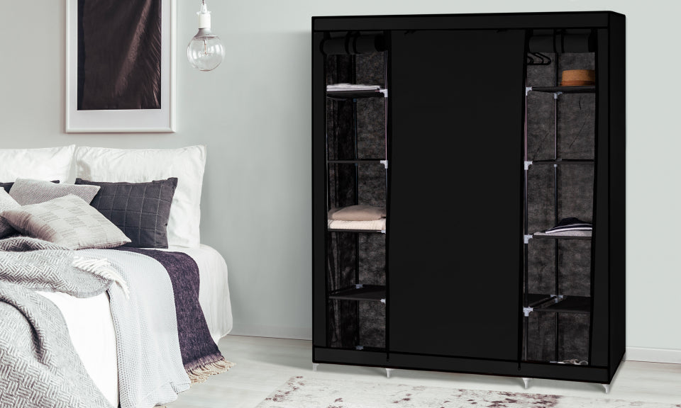 Armoire de rangement optimale noire avec accessoires - 2 cubes de rangement et 10 cintres