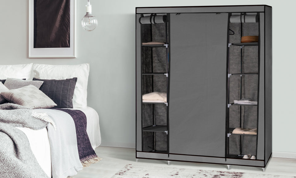 Armoire de rangement optimale grise avec accessoires - 2 cubes de rangement et 10 cintres