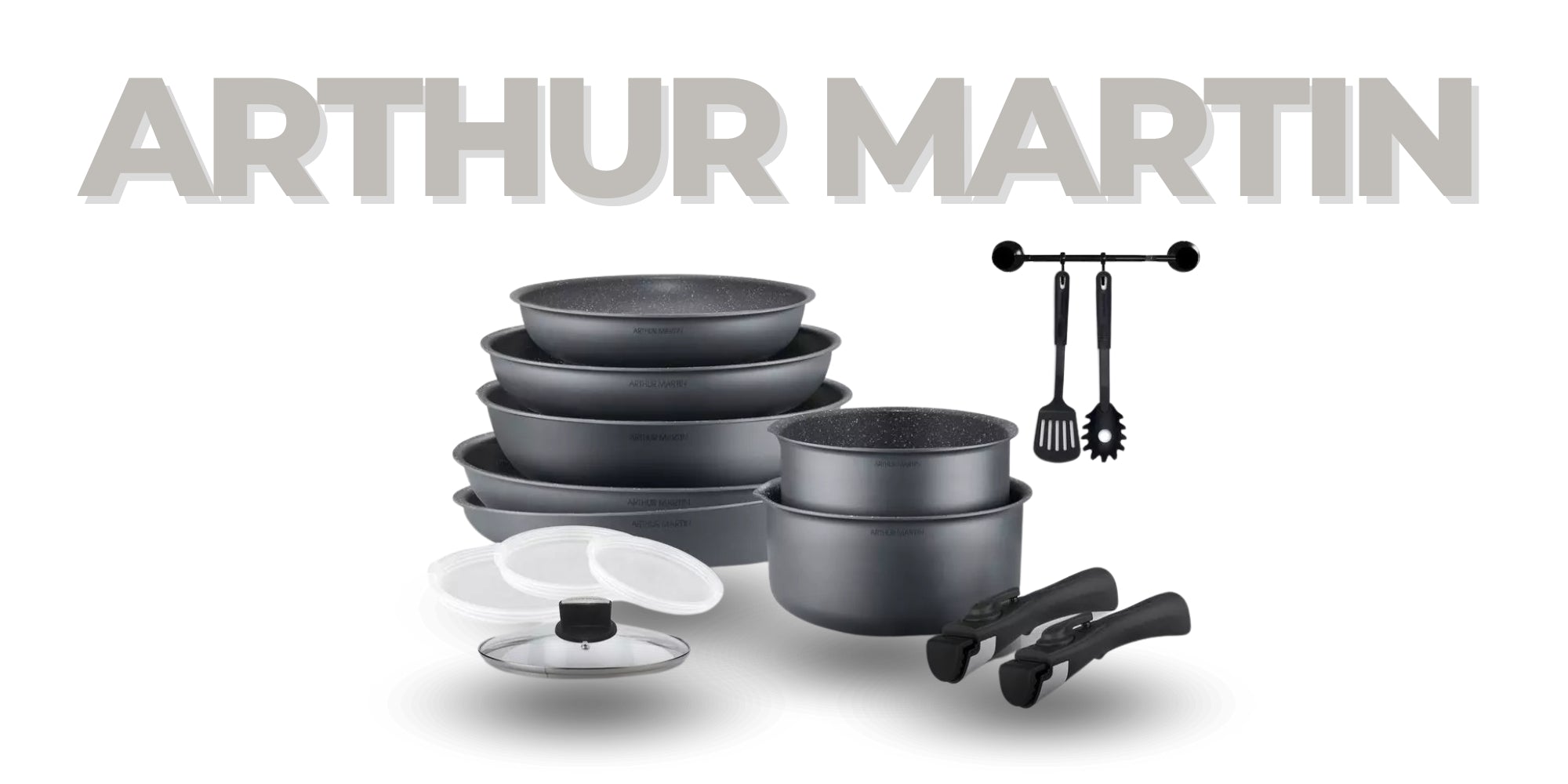 Batterie de Cuisine 15 Pièces Arthur Martin Poêles et Casseroles Gris Mat en Aluminium avec Accessoires