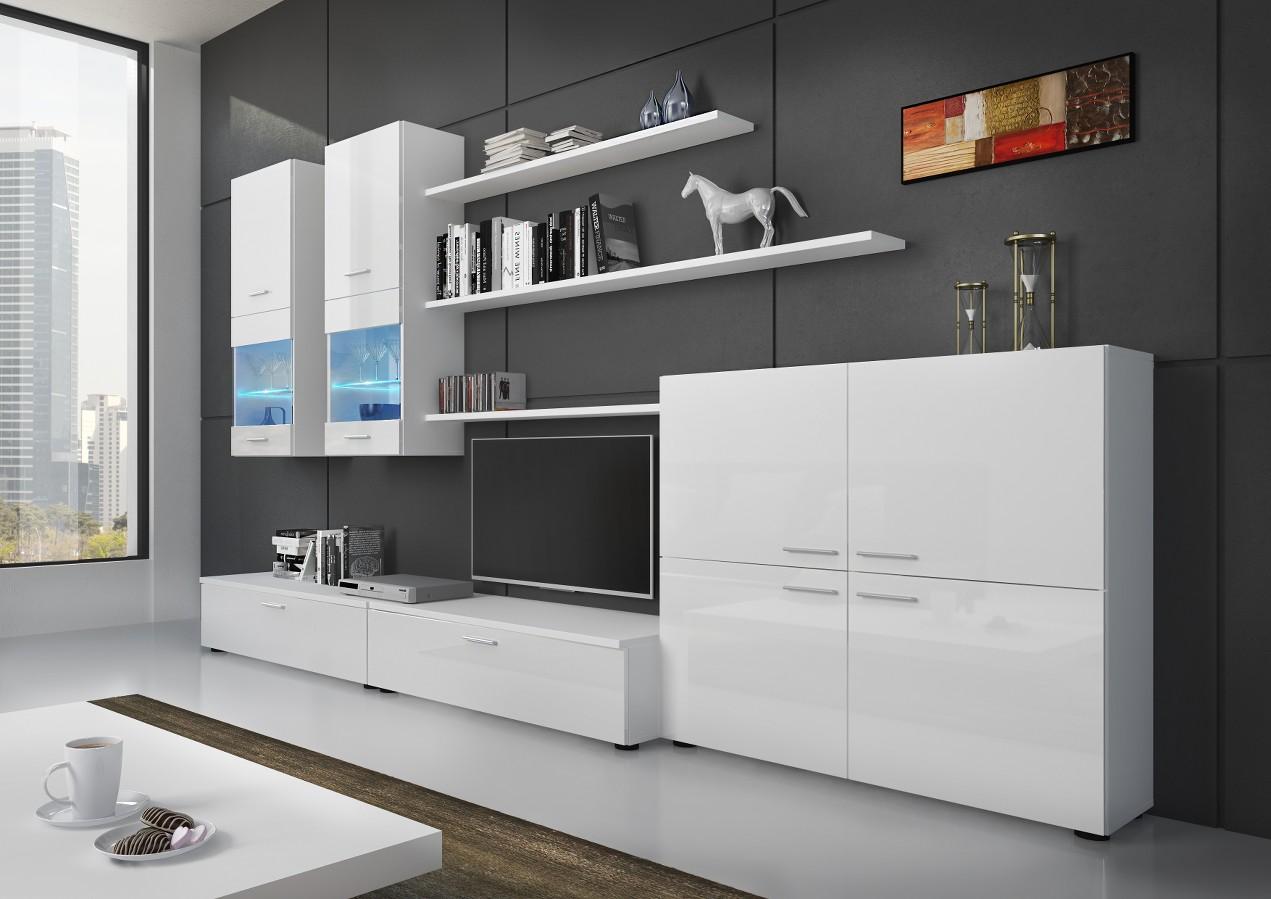 Ensemble de meubles TV, ilumination LED, Blanc Laqué et Blanc Mat