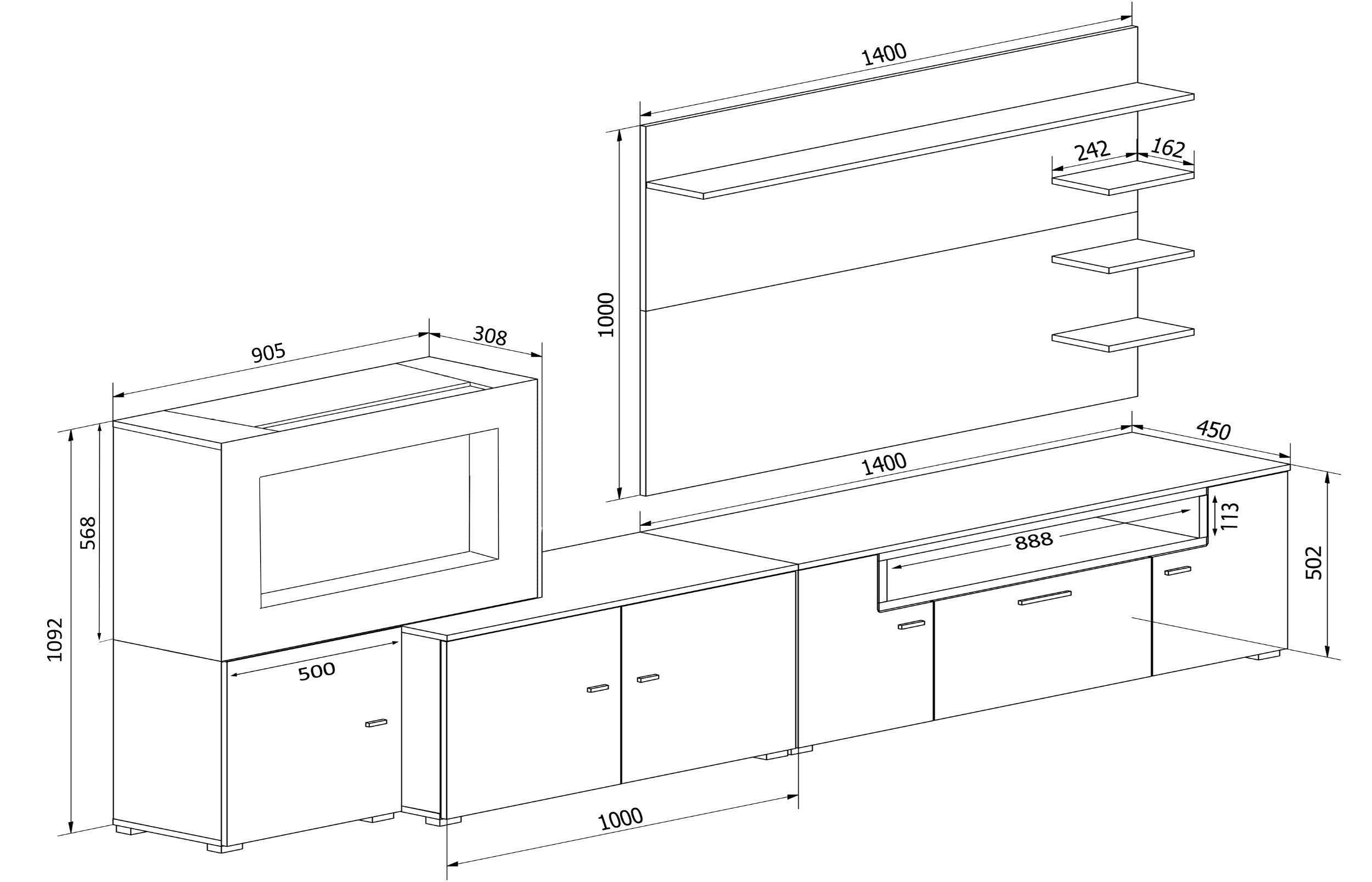 Meuble de salon avec cheminée électrique - 290 x 170 x 45 cm- finition blanc mat et laqué blanc Brillant