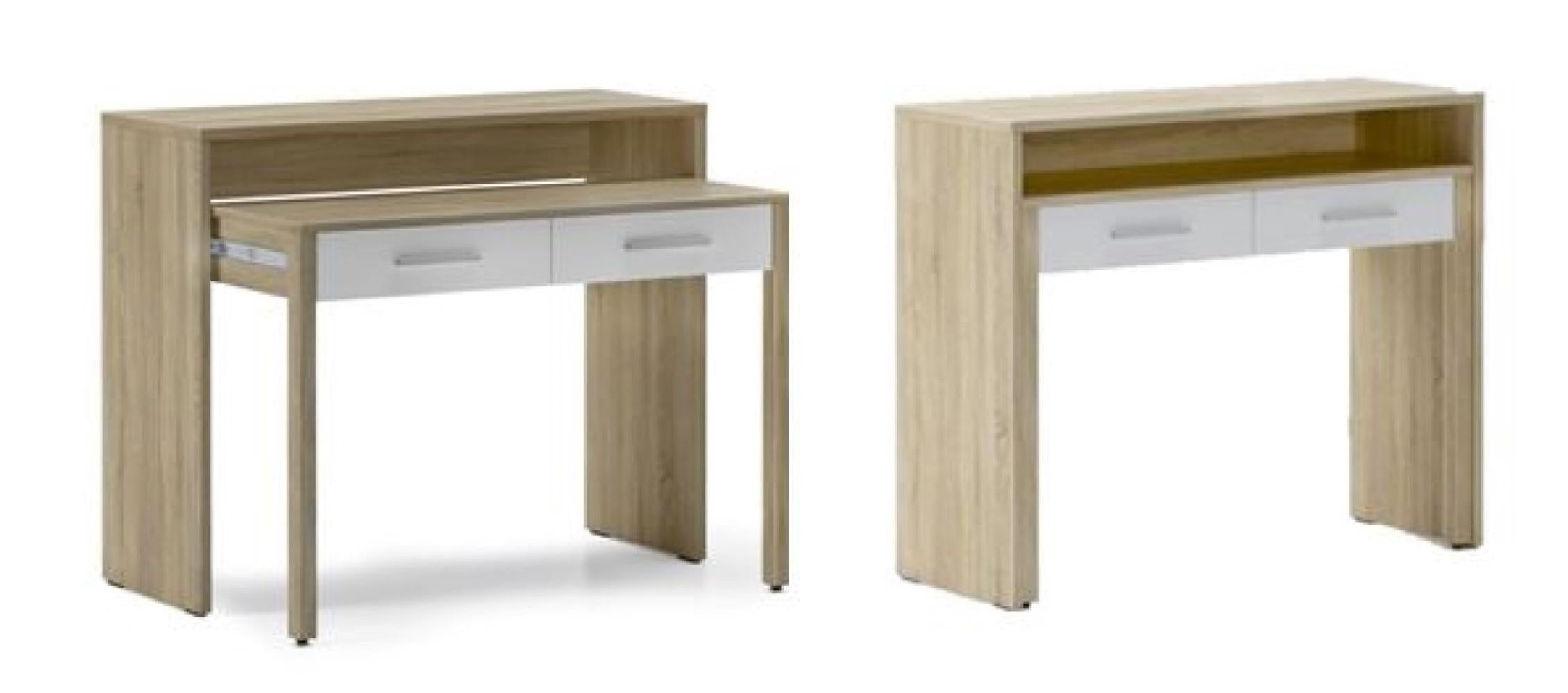 Bureau Extensible, 2 tiroirs, blanc et chene clair