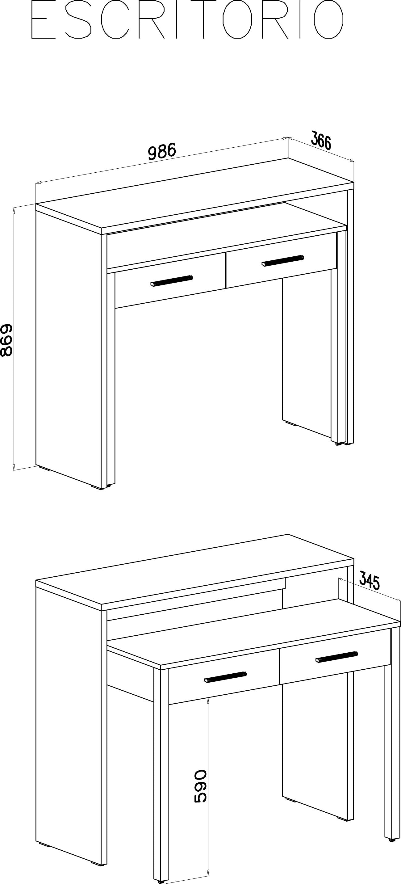 Bureau Extensible, 2 tiroirs, blanc et chene clair