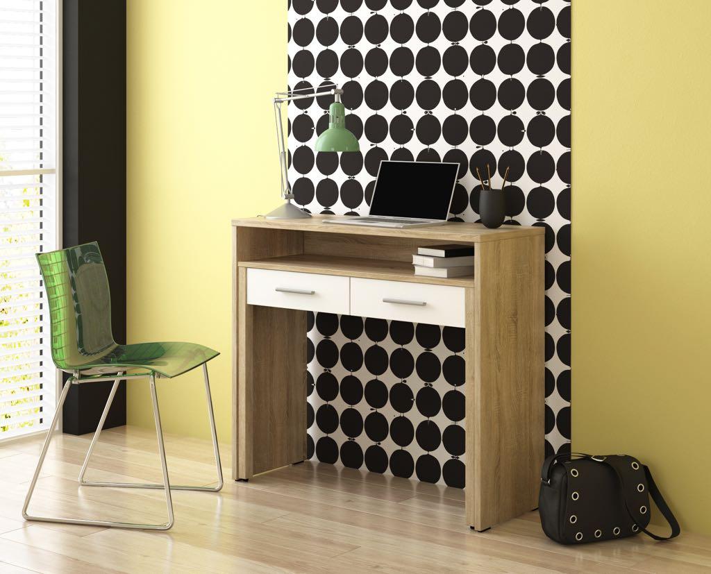 Bureau Extensible, 2 tiroirs, blanc et chene clair