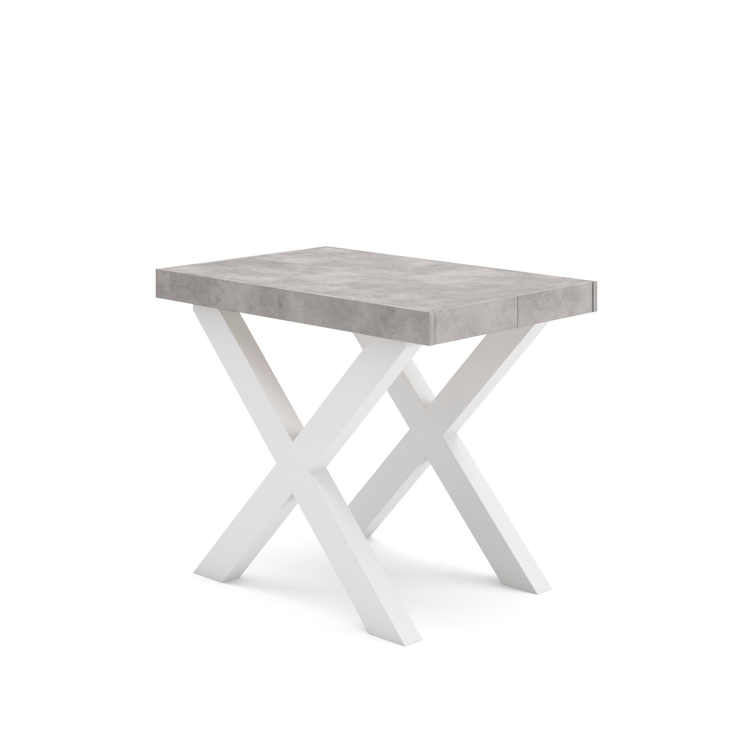 Table console extensible blanche & ciment 180 cm – Jusqu’à 8 personnes – Pieds en bois massif blancs en croix