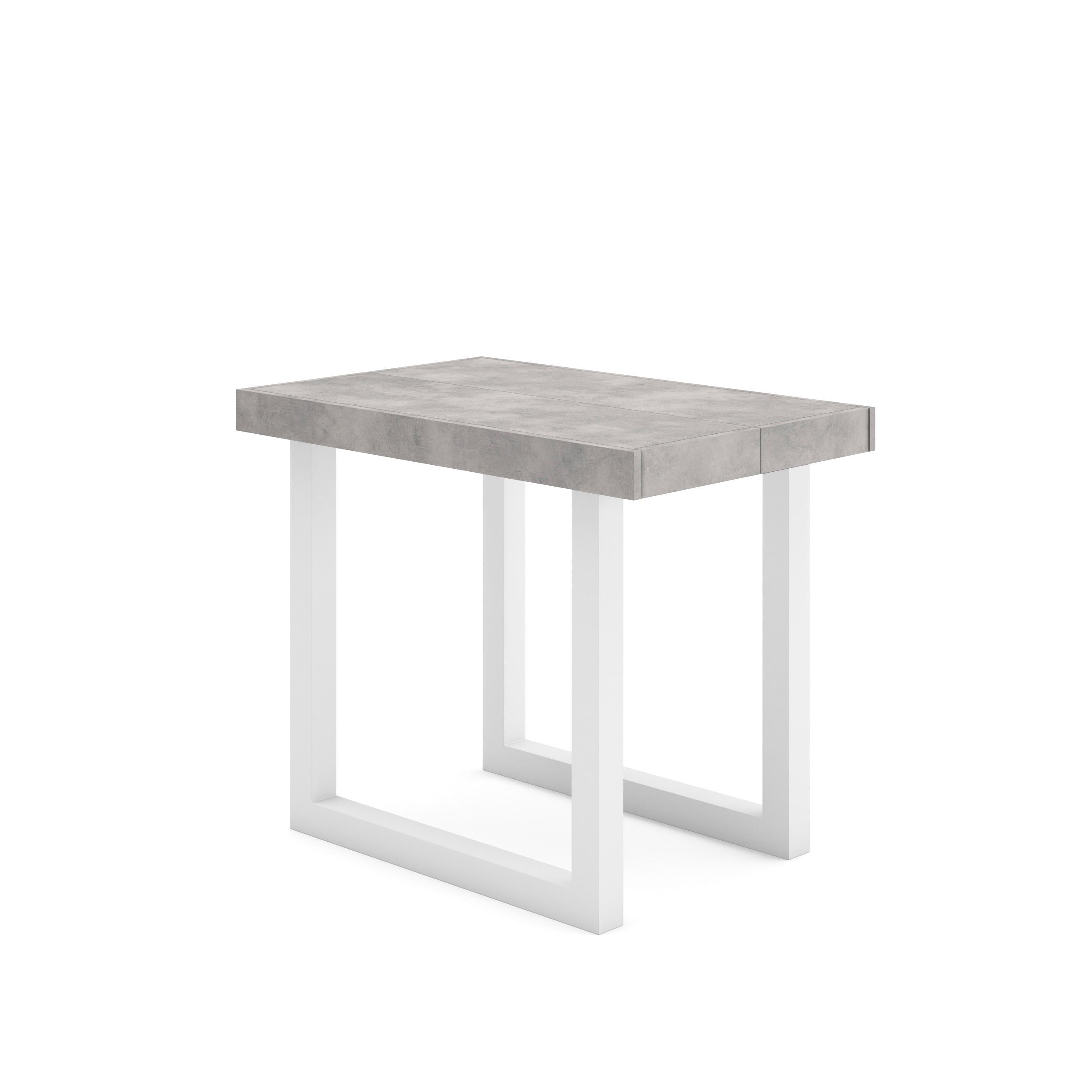 Table console extensible blanche & ciment 180 cm – Jusqu’à 8 personnes – Pieds en bois massif blancs en U